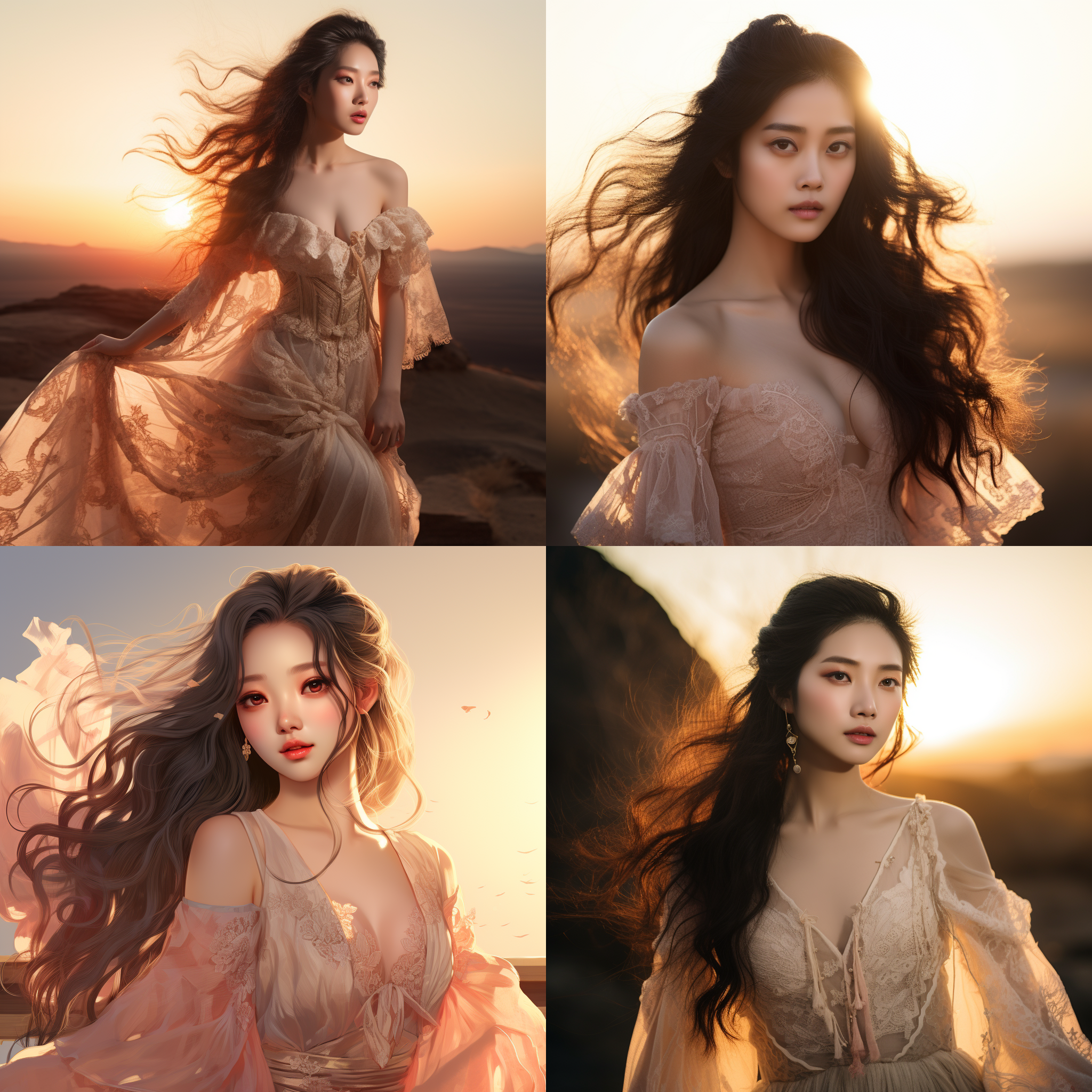 一个中国女孩，模特，身材丰满、五官精致、大眼睛、双眼皮，眼神光，s型身材，穿着一件露肩浅粉色的蕾丝花边连衣裙。她的长发披散在肩上，微微波浪的发尾随风摆动，（正面）、侧面照，夕阳斜射下来，映照在她的脸庞，勾勒出柔美的轮廓，仿佛整个画面都被温柔的光线所包裹。