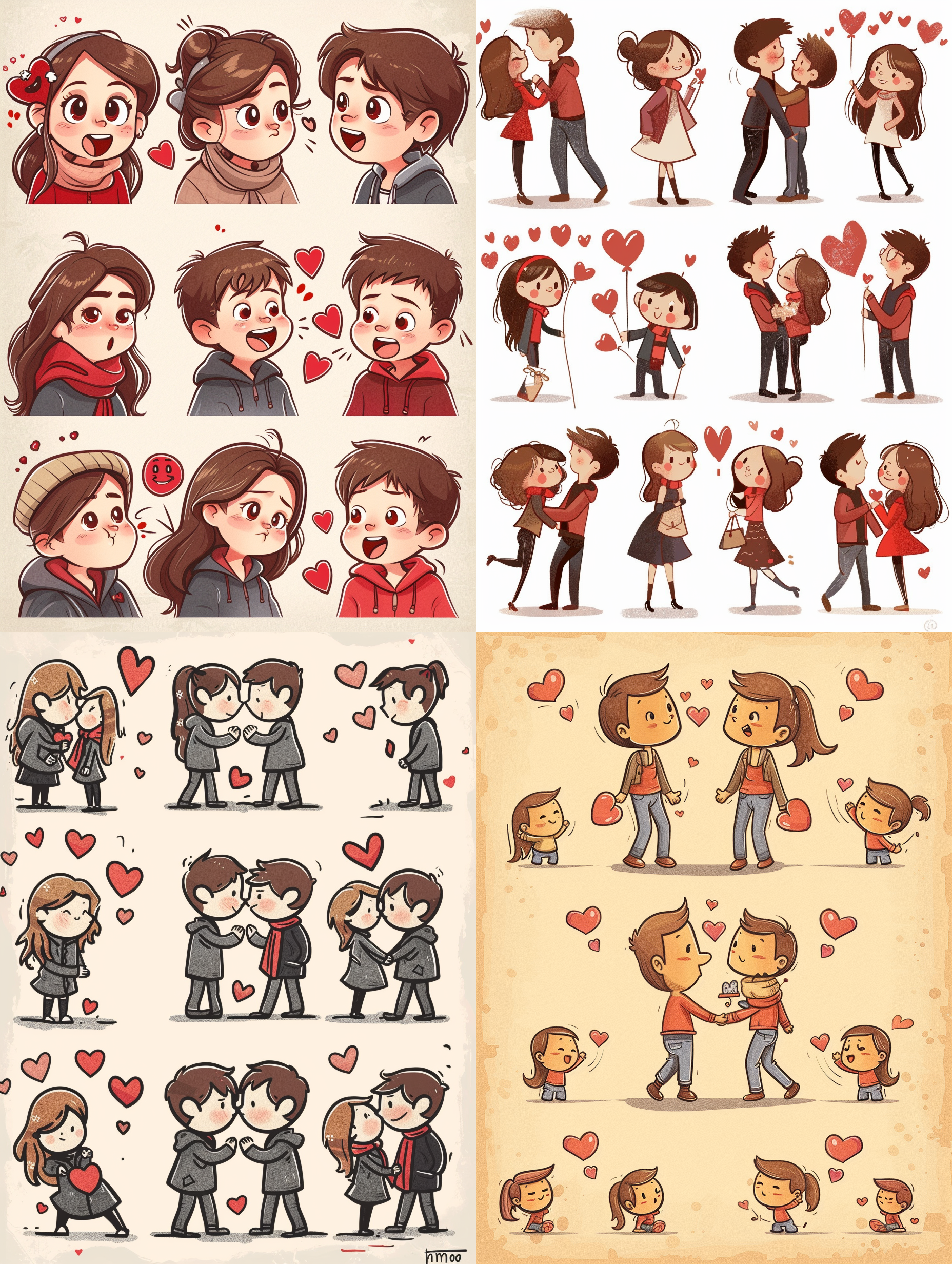 prompt. 情侣，情人节，漫画风格，表情符号，9个表情，各种动作，可爱，甜蜜。