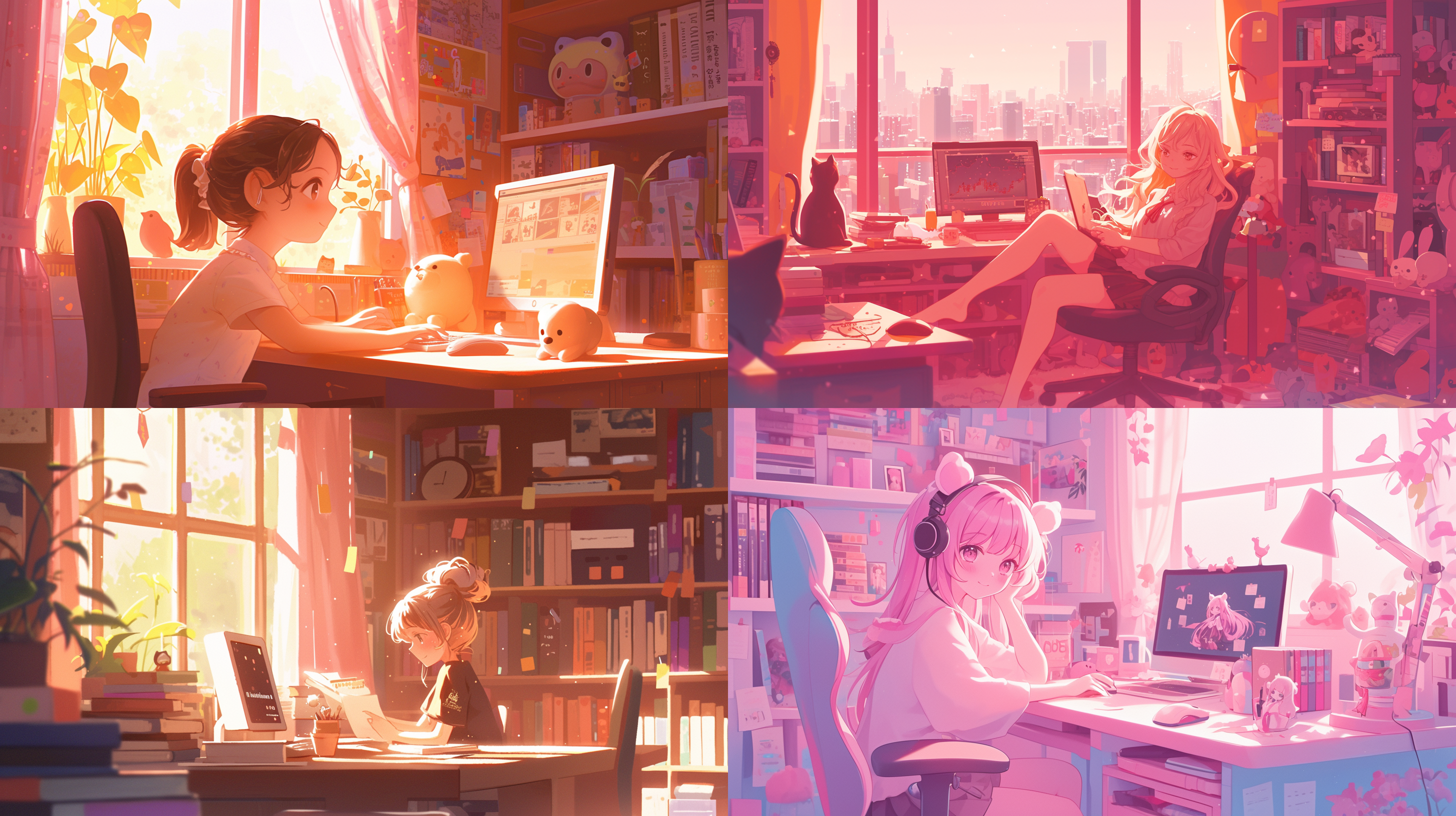 可爱房间，靠窗，粉色调，玩偶，电脑，书架上的书籍，柔光，大光圈，细节丰富，温馨，快门略慢，笑容，温暖。