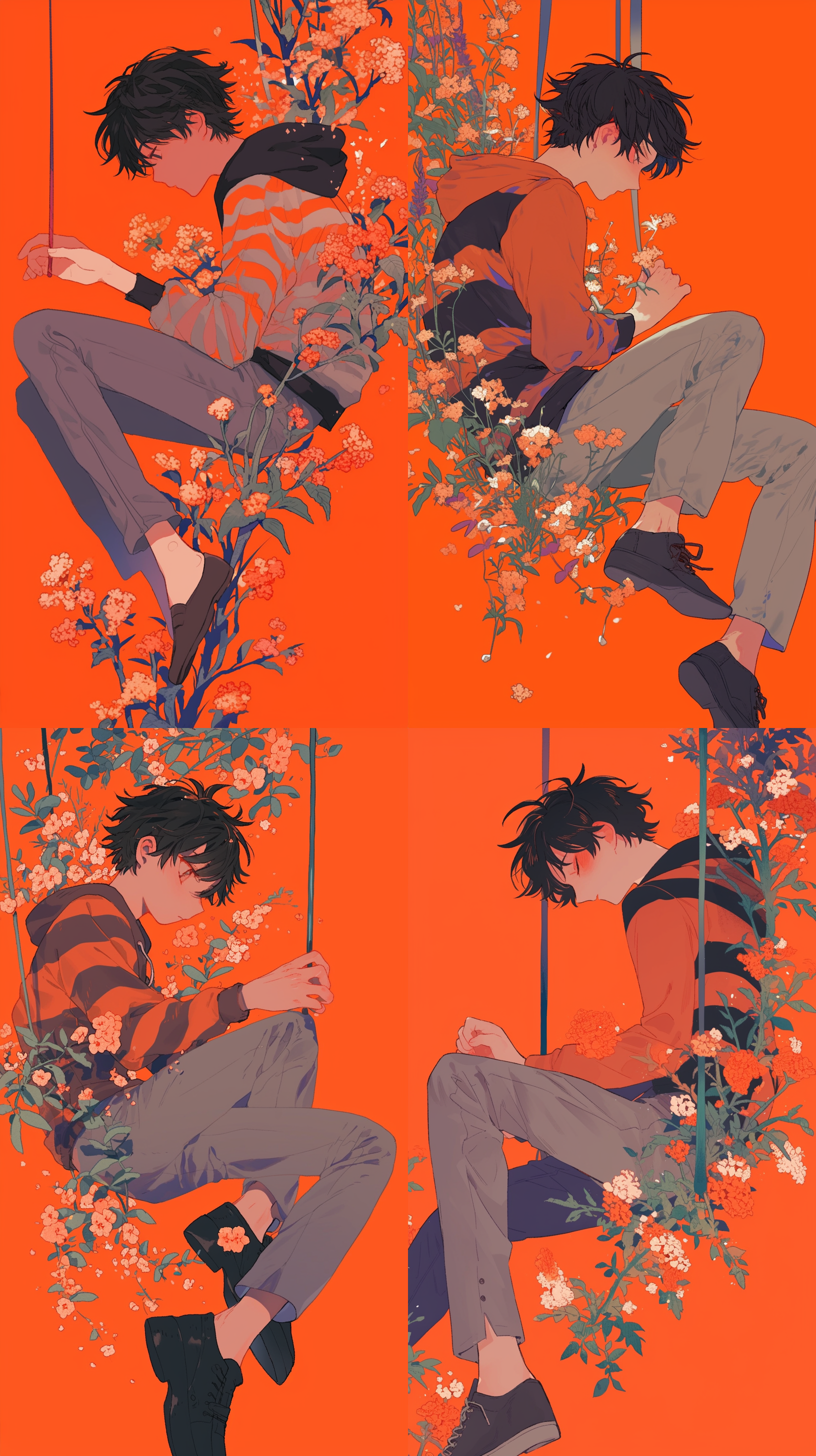 玩花切扑克牌的男孩，swing cut，黑白条纹带帽卫衣，橙色衬衫，灰白色长裤，黑色头发