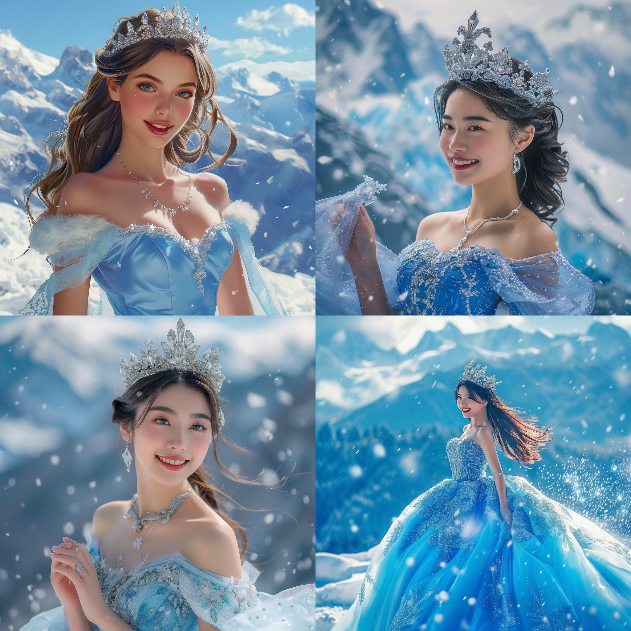 冰雪公主站在雪山之巅，她佩戴着一顶华丽的钻石皇冠，身穿一袭华美的蓝色裙子。她微笑着，眼神中透露出自信和优雅。周围是白雪覆盖的山峦和闪耀的冰晶，营造出一幅梦幻而宛如童话般的画面。冰雪公主，钻石皇冠，蓝色裙子，微笑，自信，优雅，雪山，冰晶，梦幻。