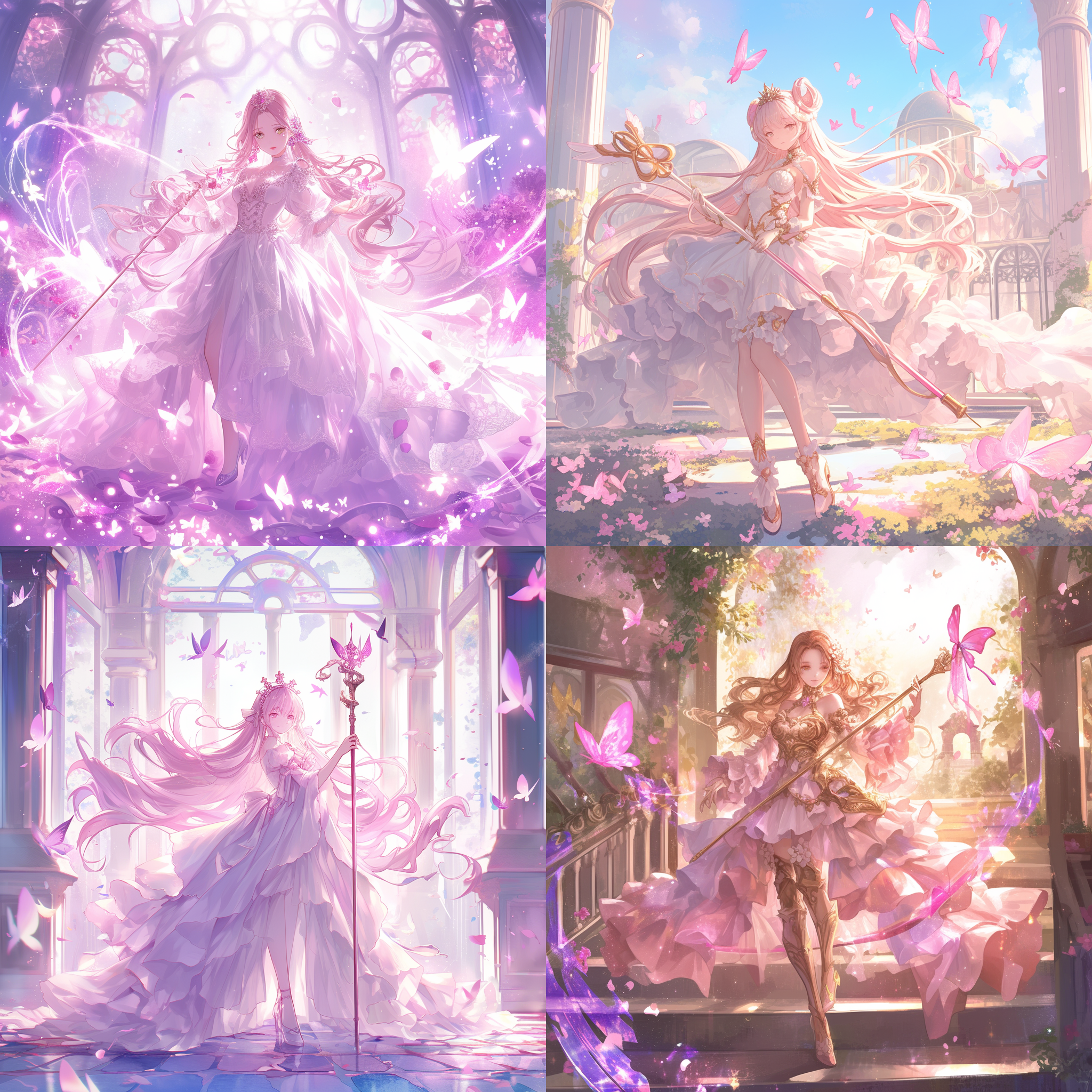 蝴蝶公主，长发，高跟鞋，童话风格，花园里，柔和光线，中景，正面构图，优雅动作，粉色装饰，快门优先，柔和色调，梦幻情感，魔法阵，魔法棍
