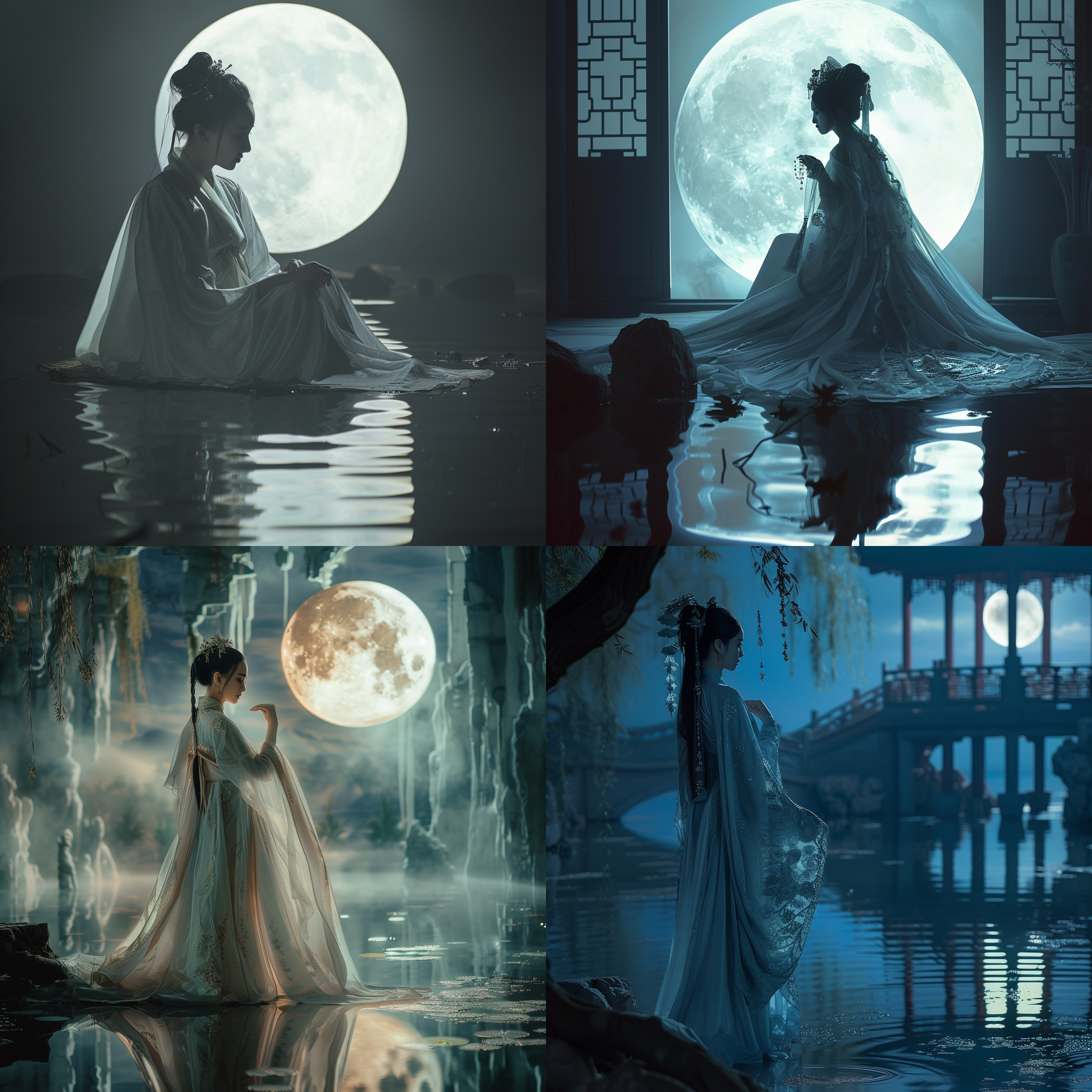 prompt. 嫦娥在月宫，优美曲线构图，柔和光线，古风服饰，月光下，神秘色调，中焦镜头，静态姿势，水中倒影，端庄。