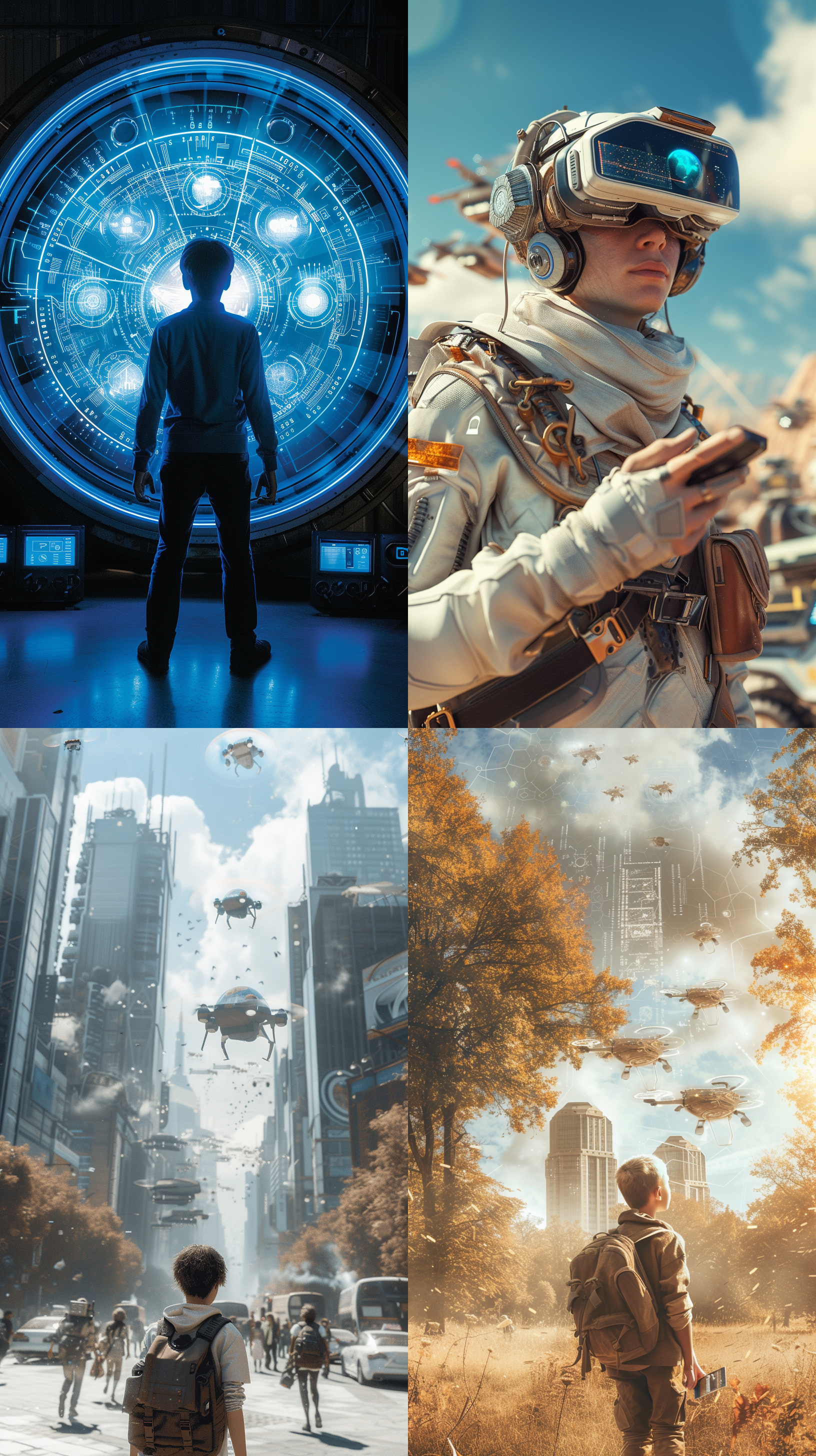 人类未来的样子，高科技都市，巨大的玻璃建筑，巨型屏幕上展示着虚拟现实场景，一位年轻男子身着全息投影服装，表情自信，手中拿着智能设备，周围是自动驾驶车辆和无人机。全景摄影，未来主义风格，广角镜头，冷色调，高光，繁忙，创新，进步，兴奋。