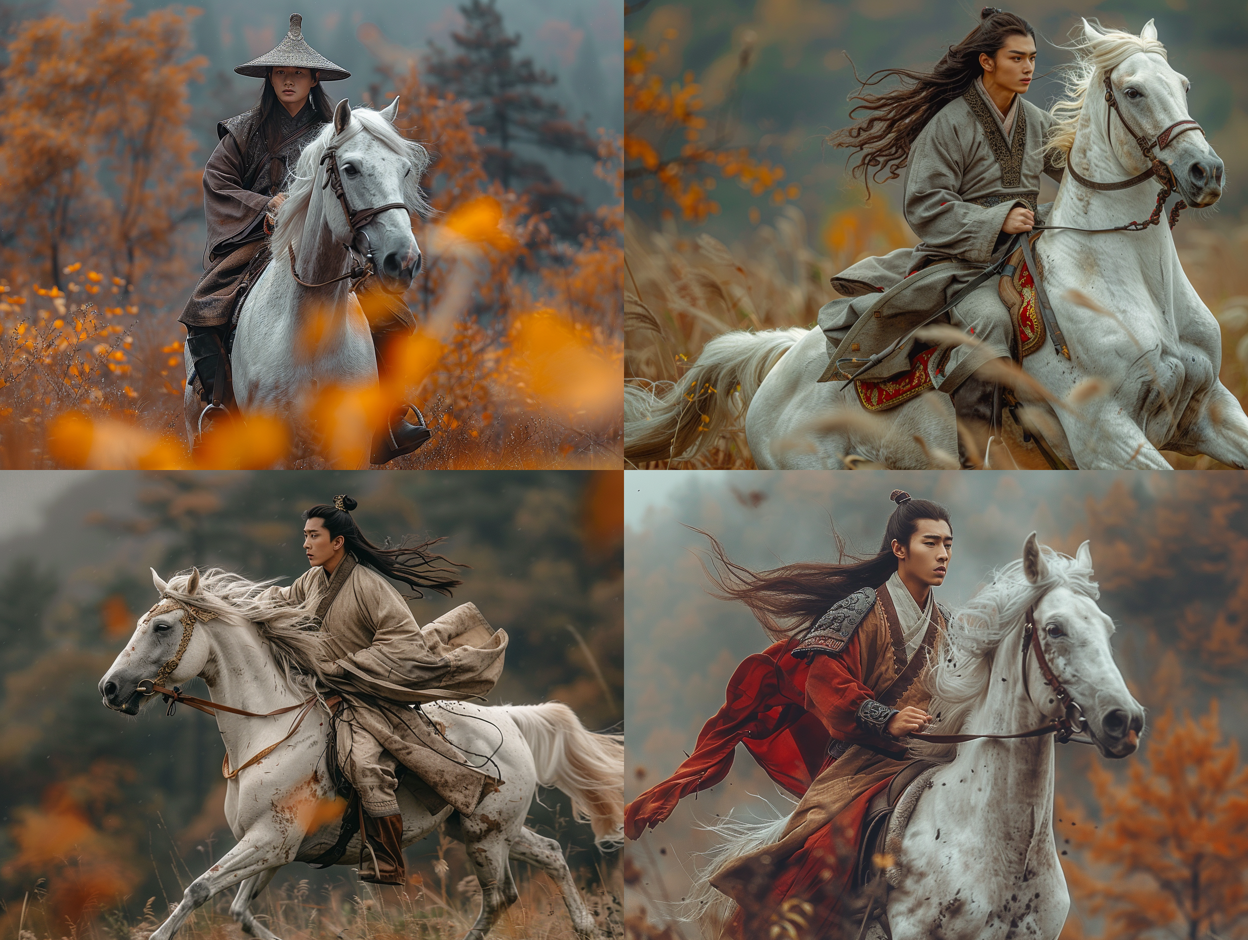 prompt. 中国宋代风格，少年将军，素衣白马，山林间，侧面视角，暖色调，长焦镜头，自然光，马儿奔跑，英勇神情。