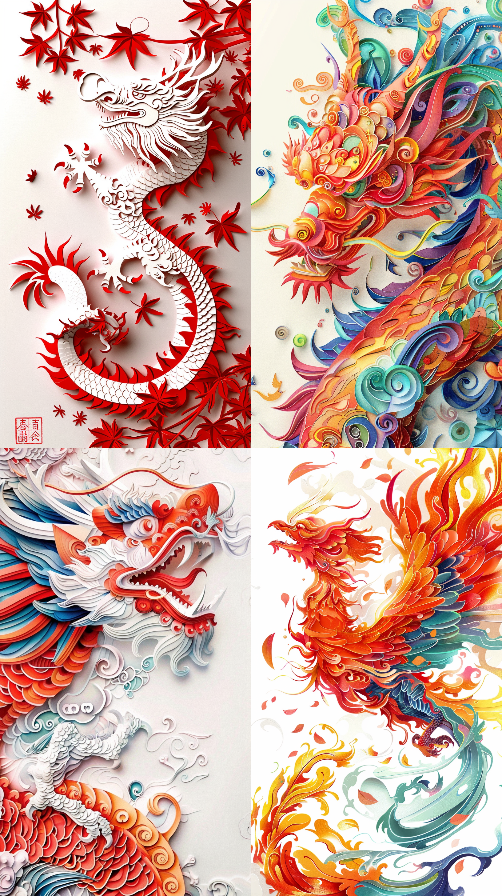 简约剪纸插画，中国龙，栩栩如生，色彩丰富，单调的白色背景，超完美细节把控，超高清画质，超清晰外观设计，超梦幻，超真实，fhd,32k ，苹果壁纸