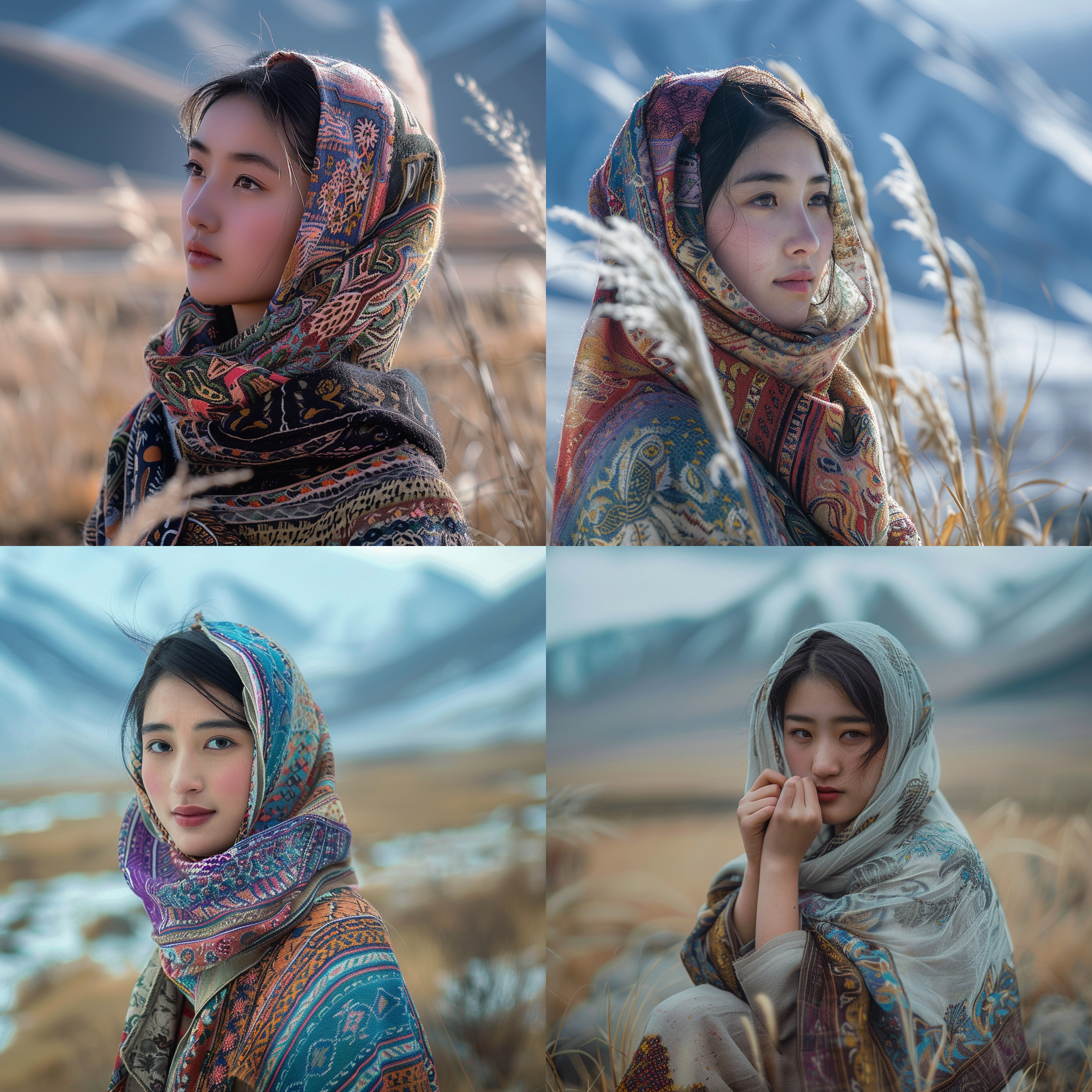 prompt. 青海回族少女，包头巾，背景大草原，雪山, 肖像风格, 高清晰度, 自然光, 柔和色调, 肖像镜头, 和谐构图, 宁静, 温暖情感。