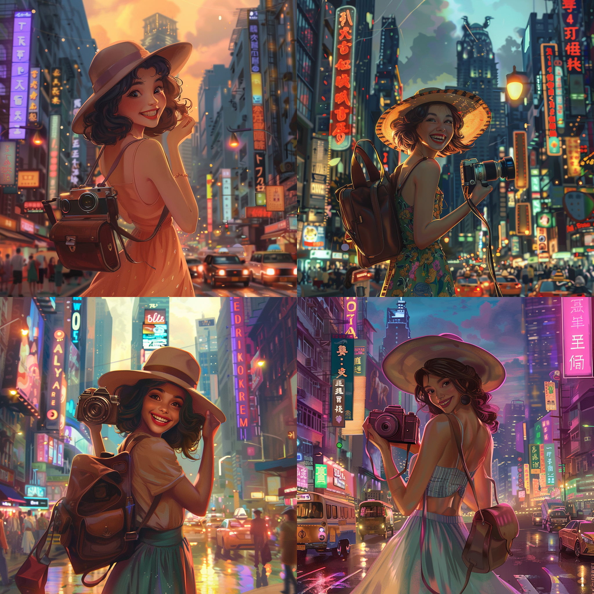 prompt. 在城市街道上，一位年轻女子穿着复古风格的连衣裙，头戴宽檐帽，背着古董相机，微笑看向远方。街道两旁是高楼大厦，车水马龙的景象。背景是暮色渐浓的天空和霓虹灯光。人物特写，35mm定焦镜头，逆光，温暖色调，放松，自信。
