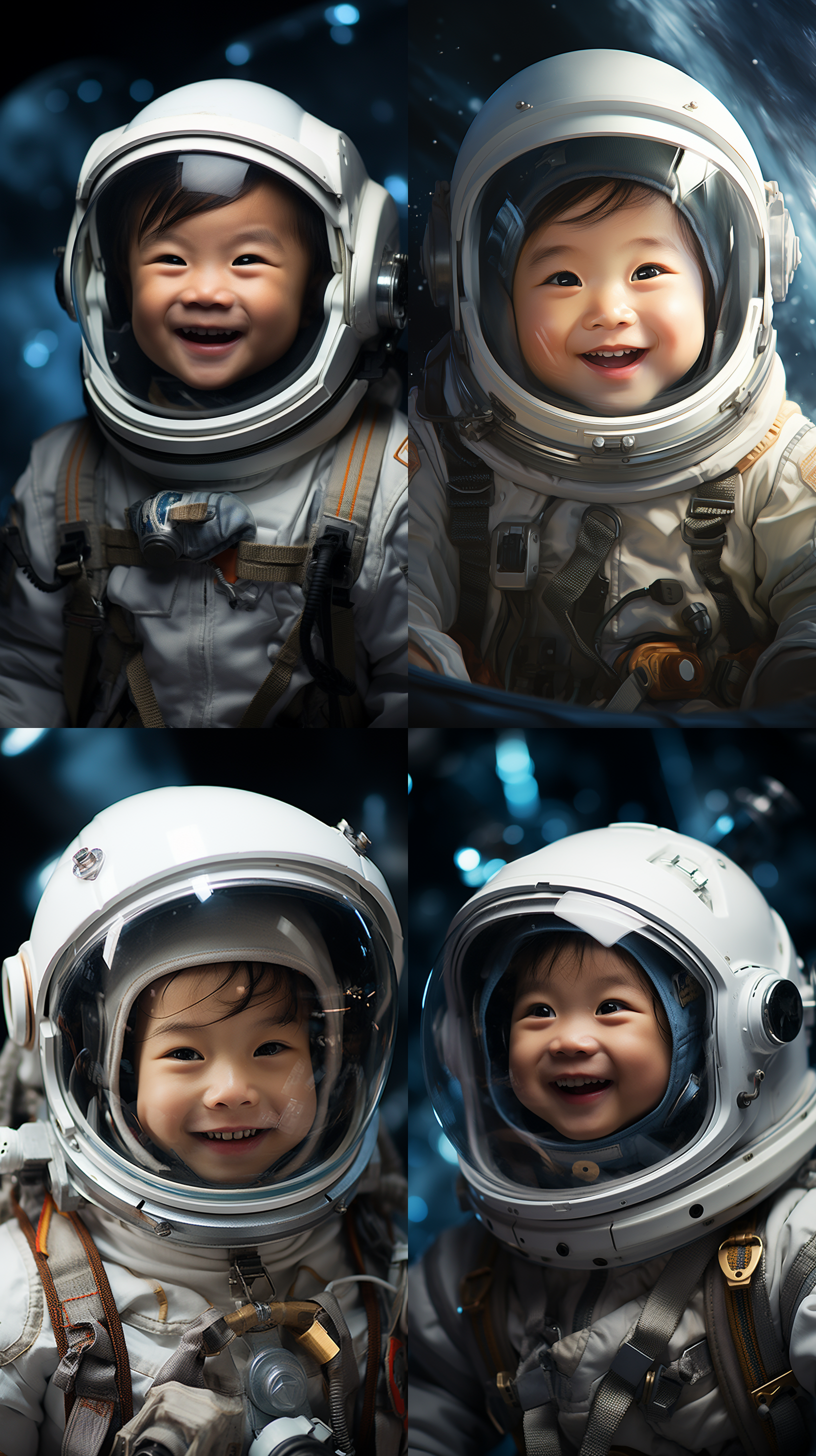 4个月中国小男孩，白色宇航服，太空中，宽广视角，蓝色调，细节丰富，光影层次，微笑，梦幻。