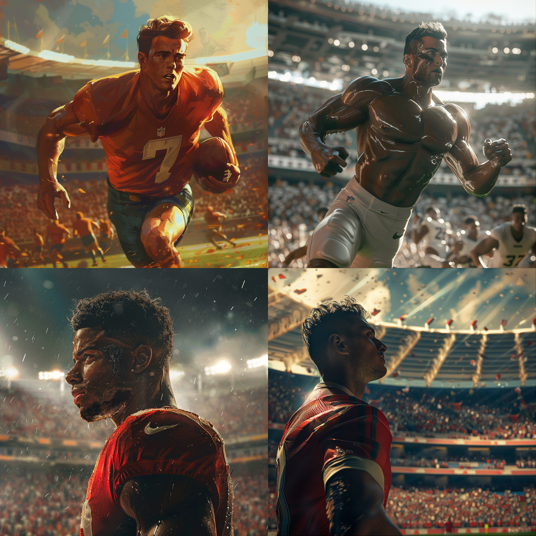 主体: 一个足球运动员, 背景: 一个坐满观众的体育场, 风格: 电影质感, 构图: 视角突出足球运动员, 色彩: 强调电影质感的调色, 质感: 运动员的肌肉线条和体育场的真实感, 灯光: 强调主体并营造戏剧性效果.