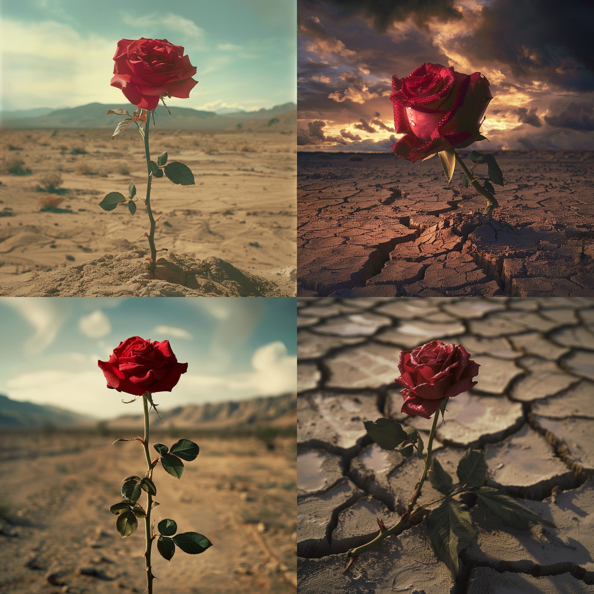主体: 一朵玫瑰花, 背景: 一个沙漠, 寓意: 孤独的美丽, 风格: 电影海报风格, 构图: 突出玫瑰花的中心位置, 视角: 采用戏剧性视角突显主题, 色彩: 使用电影海报典型的色彩调配, 质感: 强调玫瑰花的花瓣质感, 灯光: 创造戏剧性的光影效果.