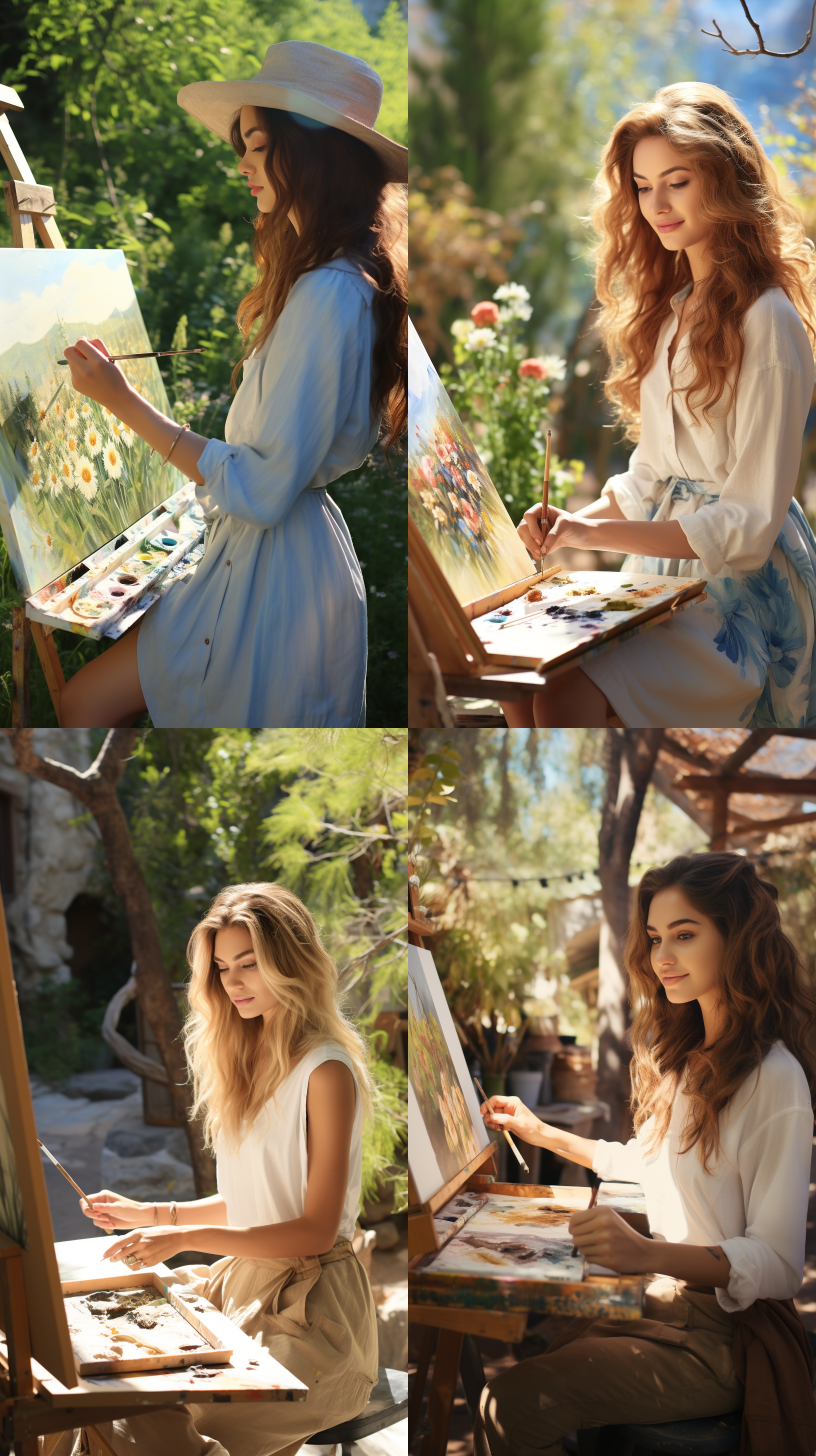 女艺术家户外绘画，侧面构图，自然光，真实风格，闭眼深呼吸，放松准备，画板画笔，清新色彩，柔和表情，绘画创作，沉浸氛围。