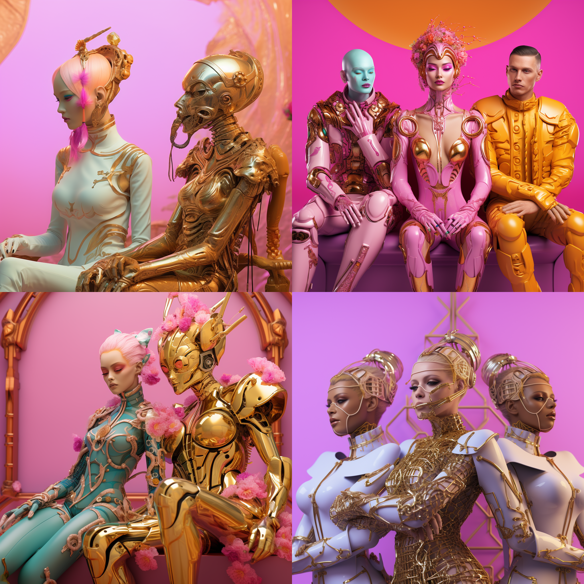 金色服装人物坐在粉紫绿色背景上，超现实赛博朋克风格，zbrush制作，宗教艺术重新演绎，瓷器质感，宁静面容，女王核心，uhd图像，ar 3:4，神秘幻想，奇幻色彩 坐姿，近景，超高清分辨率，抽象艺术，虚拟现实，立体感，艳丽色彩，神秘氛围。