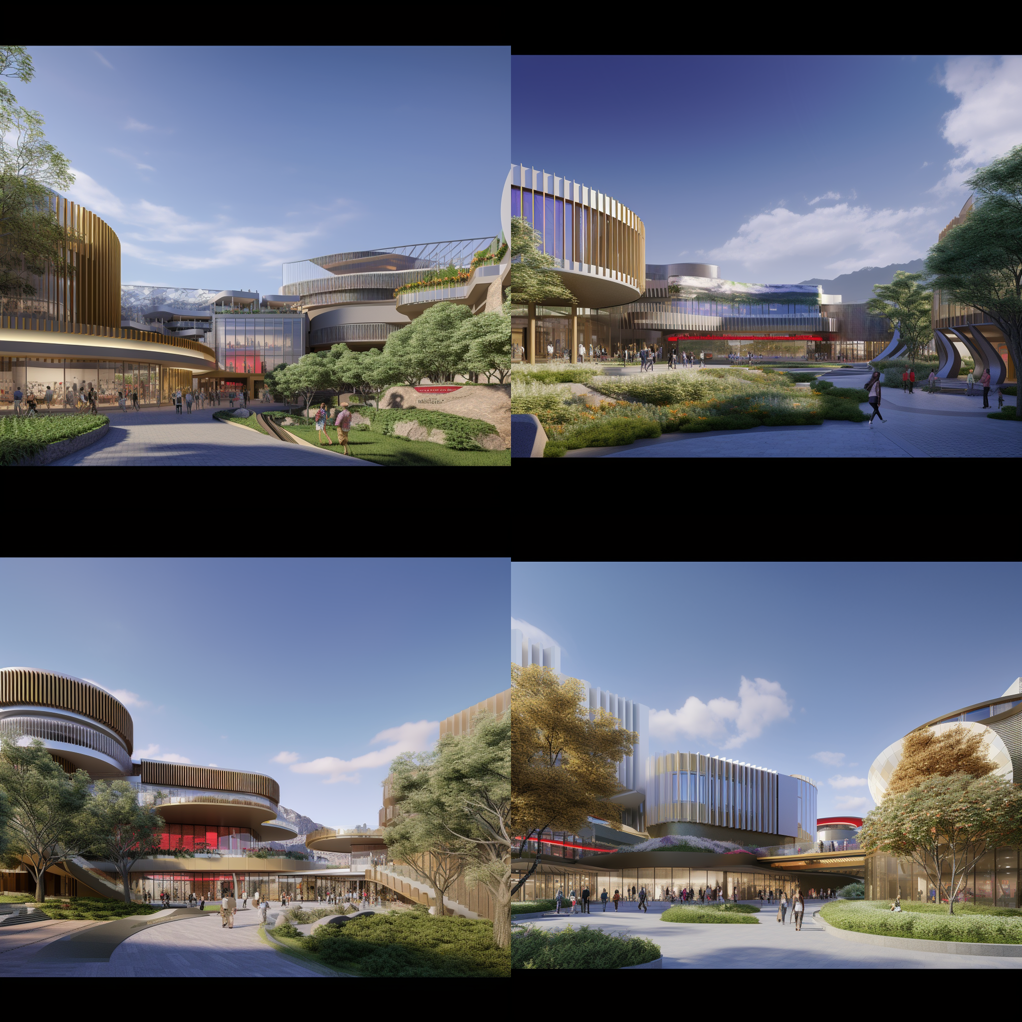 现代山地商业，凸出入口广场，自然景观，山水田园建筑，优美风格，明亮色调，宽幅镜头，建筑细节，繁忙氛围，现代设计，商业活力。