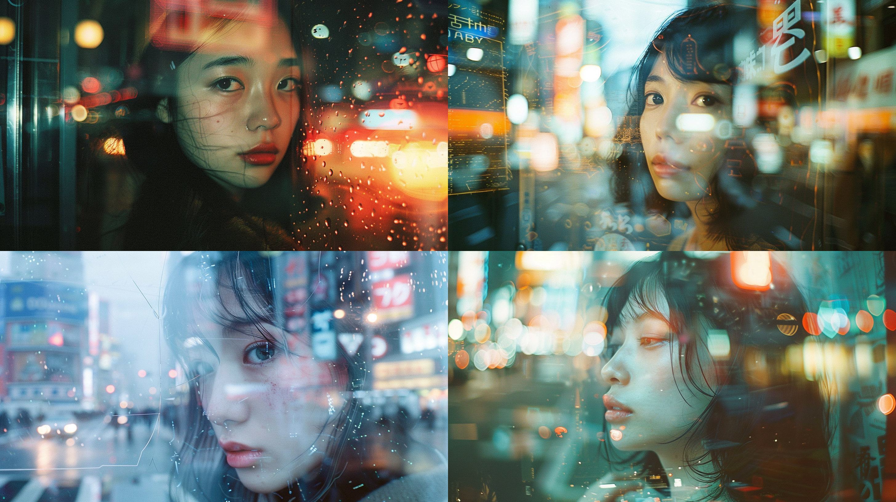 东京新宿街头双重曝光，夜晚霓虹灯下的城市景观与一名女性面孔融合，ray h. mercado拍摄，透过窗户拍摄，梦幻雾气环境，rolleiflex相机，portra 800胶片，2:3画幅，原始风格。