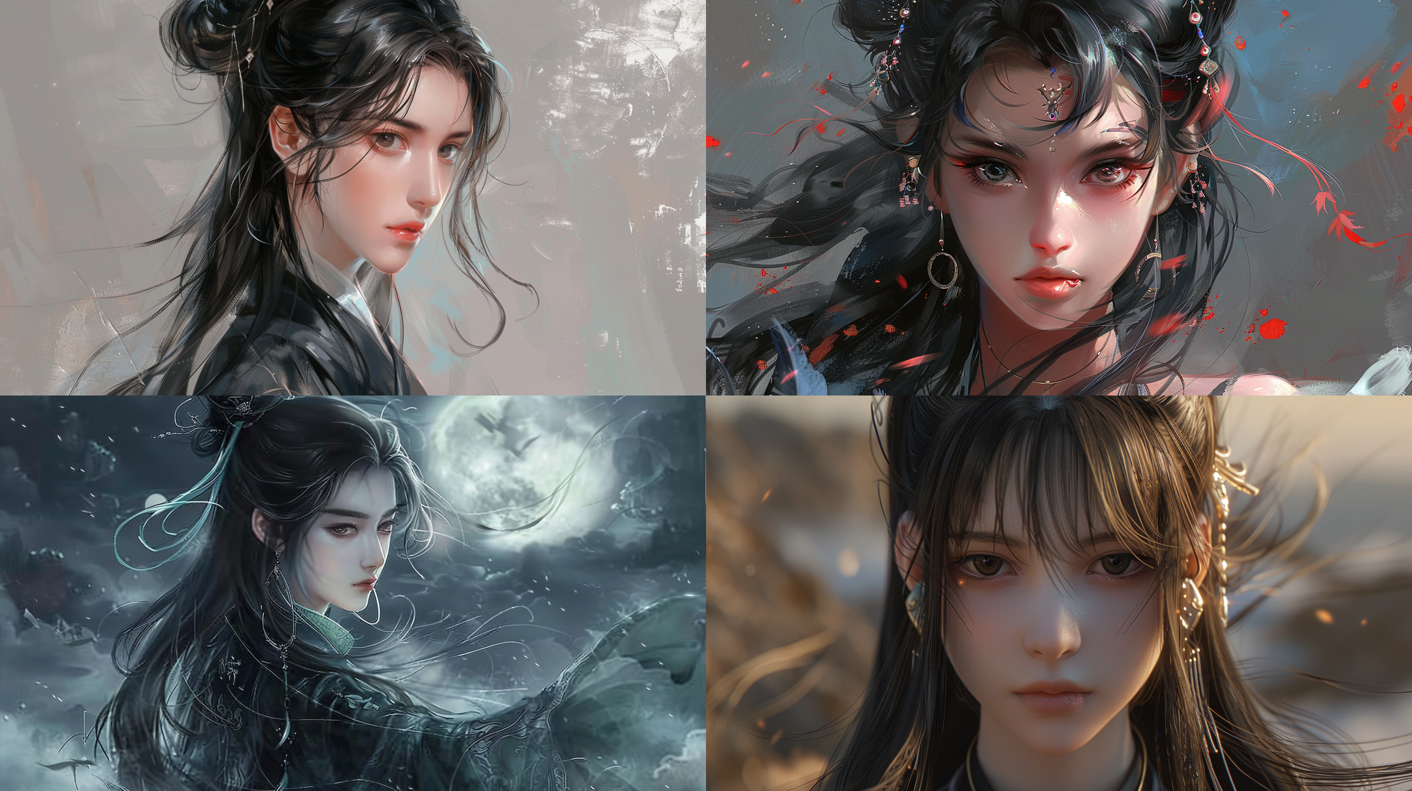 中国面孔，黑色长发，严肃表情，主题作品，战斗，2:3的图像比例，风格化，我将我的悲伤之心送到月亮，随着风一直到夜晚的西方。