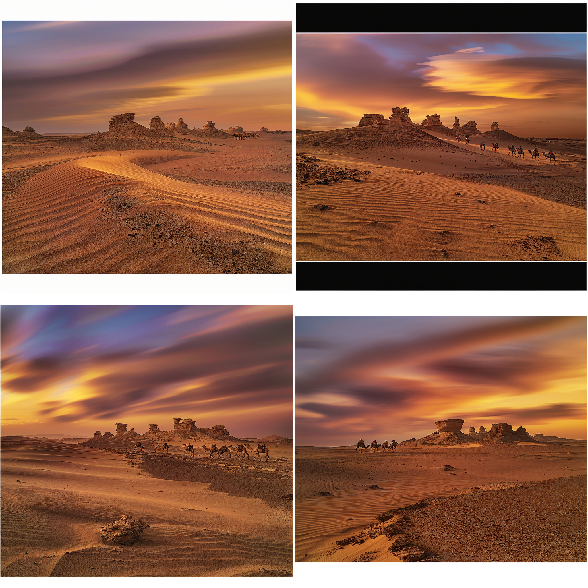 阿拉伯人牵骆驼组成驼队，精细高对比，远景图，沙漠背景，长焦镜头，金色调，日落光线，步伐稳健，沉着，骆驼傲然。