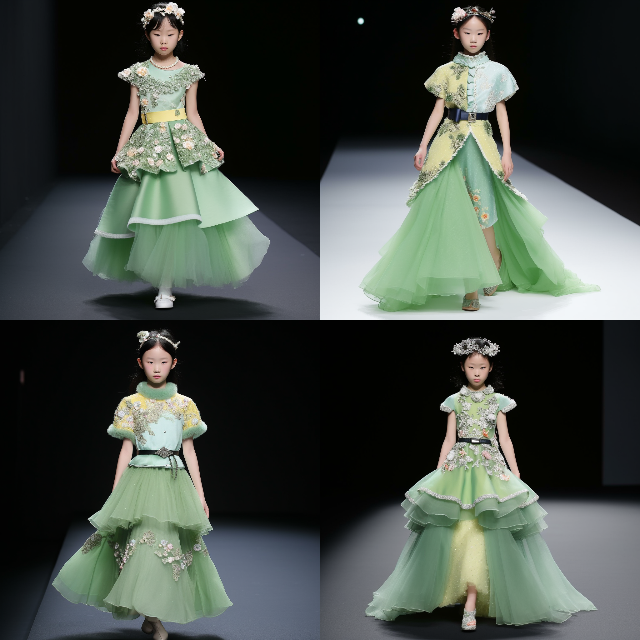 儿童模特，中式风格，解构设计，拼接设计，绿色为主色，深绿色，白色为辅助色，以花卉，珍珠为元素拆分，飘逸，仙气