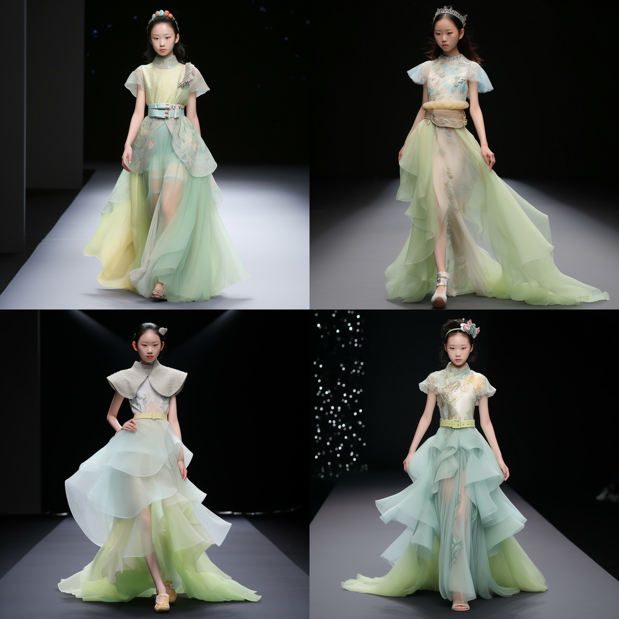 模特, 新中式风格, 解构设计, 拼接设计, 网纱面料, 水溶类似, 优雅, 高贵, 光影交错, 静态姿势, 中等焦距, 柔和侧光, 和谐色调。