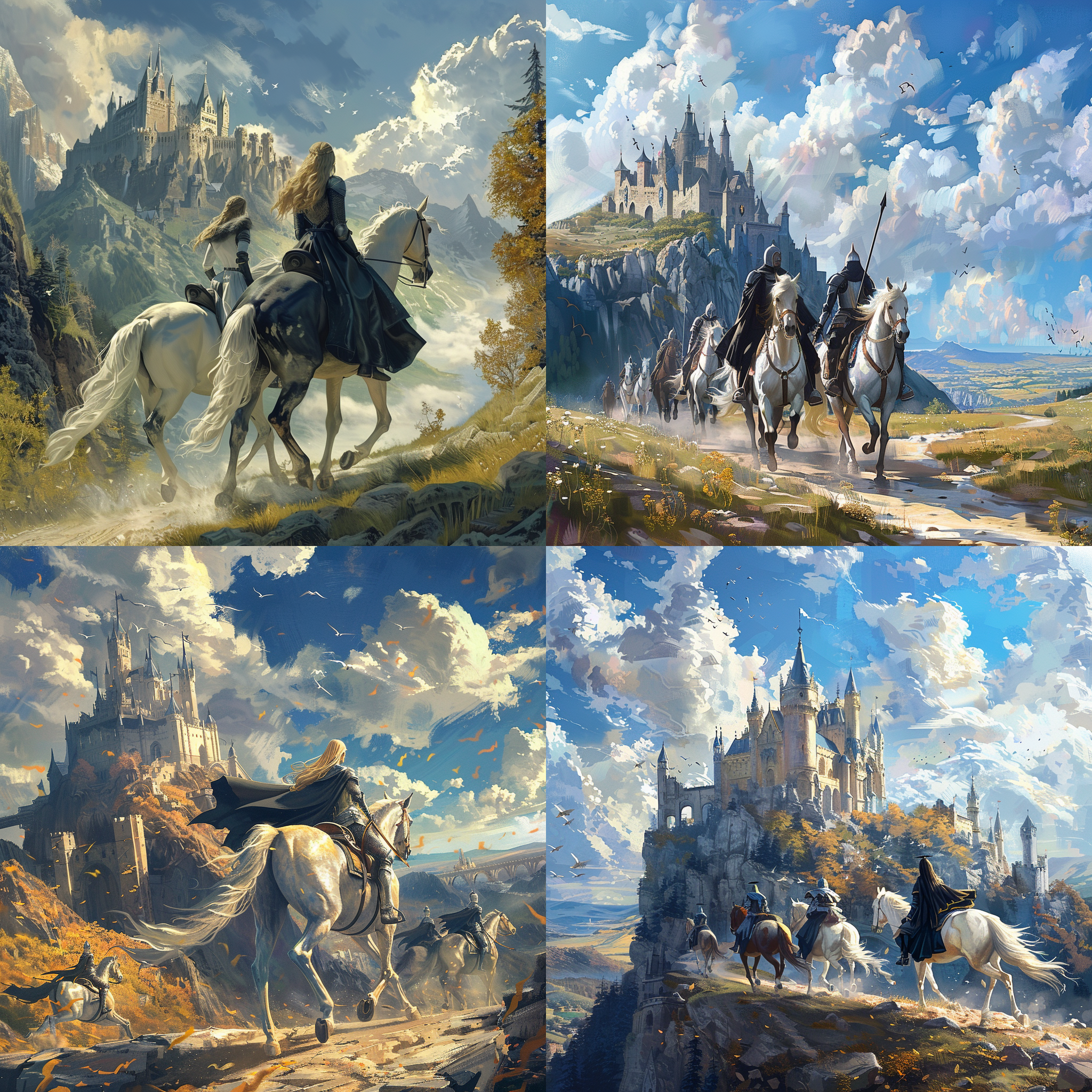 公主和骑士骑马，中世纪风格，黑长裙白盔甲，超长视角，蓝天白云，雄伟高山城堡，骏马奔腾，壮丽史诗，金黄色调，骑士眺望。