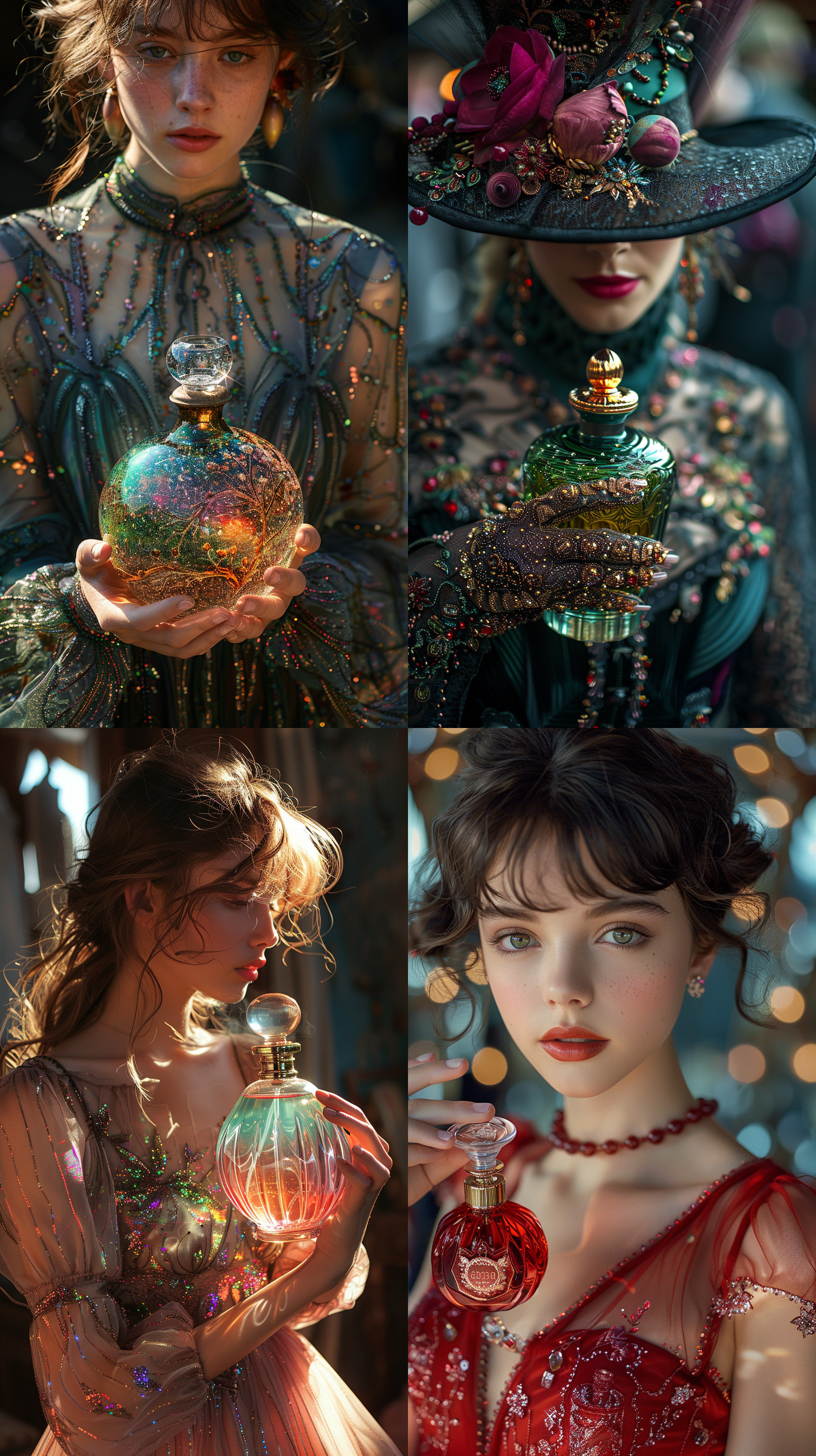 美女拿香水瓶，超现实奇幻，色彩鲜艳，8k高清，蒂姆沃克风格，细节丰富，场景搭建，想象力，奇异，光影。