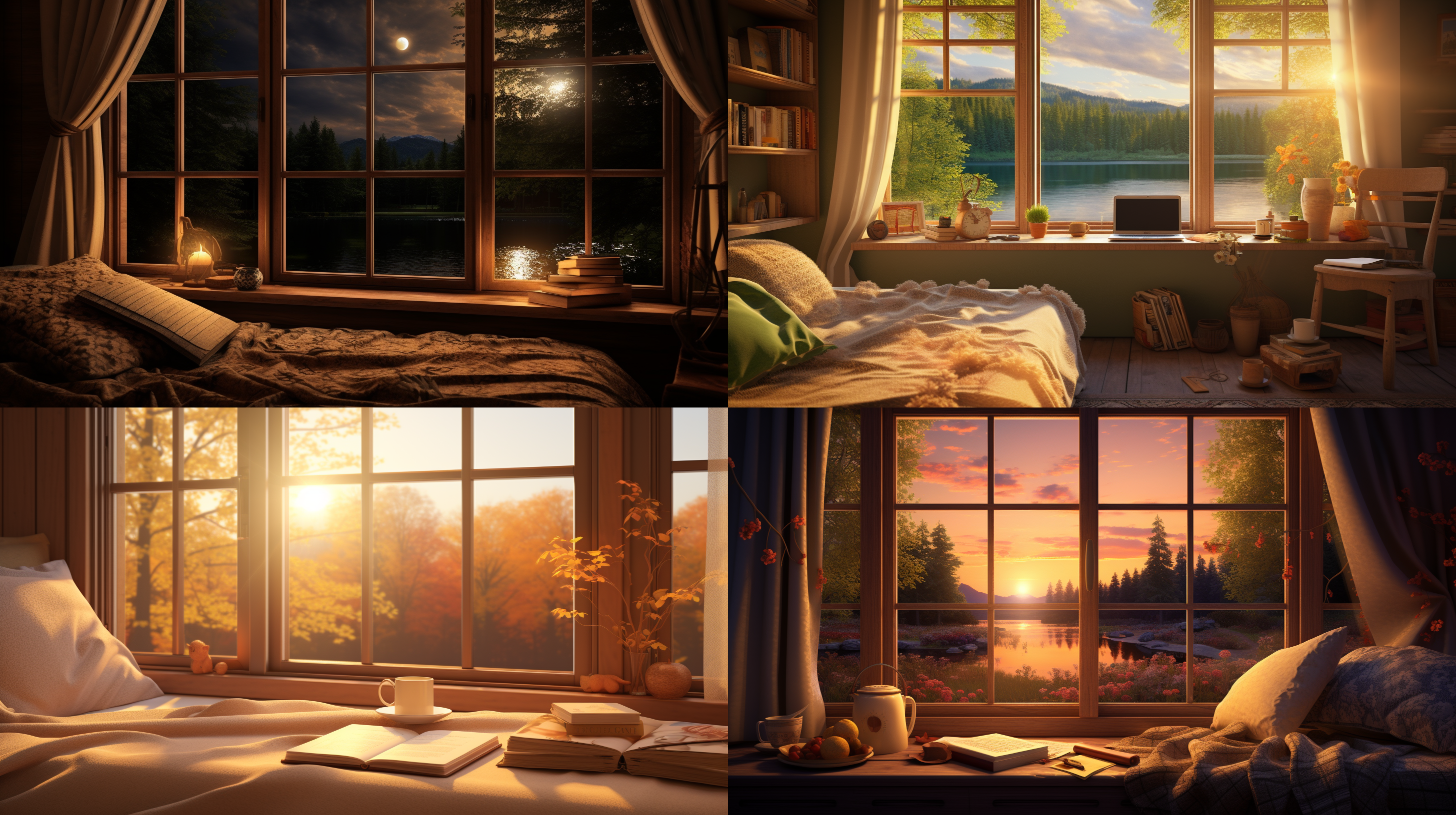 大窗景观，温馨室内，桌上书籍，床边小月亮，湖泊、森林、草原映窗外，暖色调，落地窗外景深，广角透视感，柔光照射，静态环境，舒适。