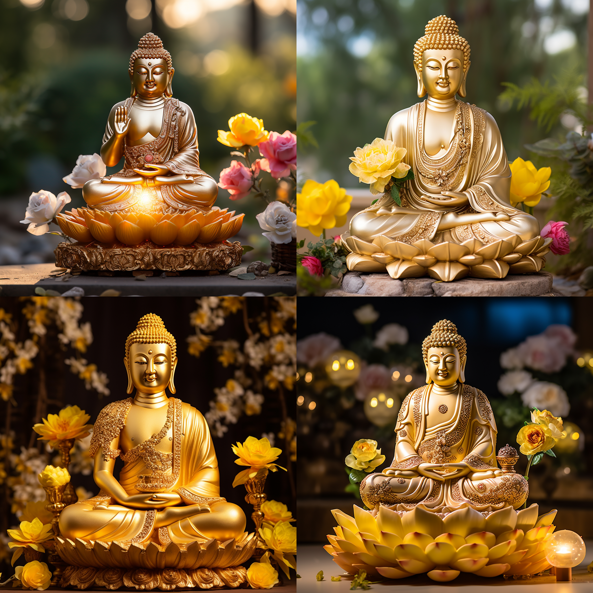 佛像坐在莲花宝座上，周围是一片宁静的山水景色。光线柔和，照亮了佛像的脸庞和手指。佛像面带微笑，眼神温和而慈爱。整个画面呈现出一种宁静与平和的氛围，让人感受到内心的安宁与喜悦。佛像袈裟鲜艳，金色的座垫上刻满了精美的纹饰。佛像右手作施无畏印，左手放在膝盖上，象征着心灵的支配和平等的智慧。 佛像，莲花宝座，山水景色，柔和光线，微笑，慈爱，宁静，喜悦，袈裟，金色座垫，施无畏印，平等智慧。