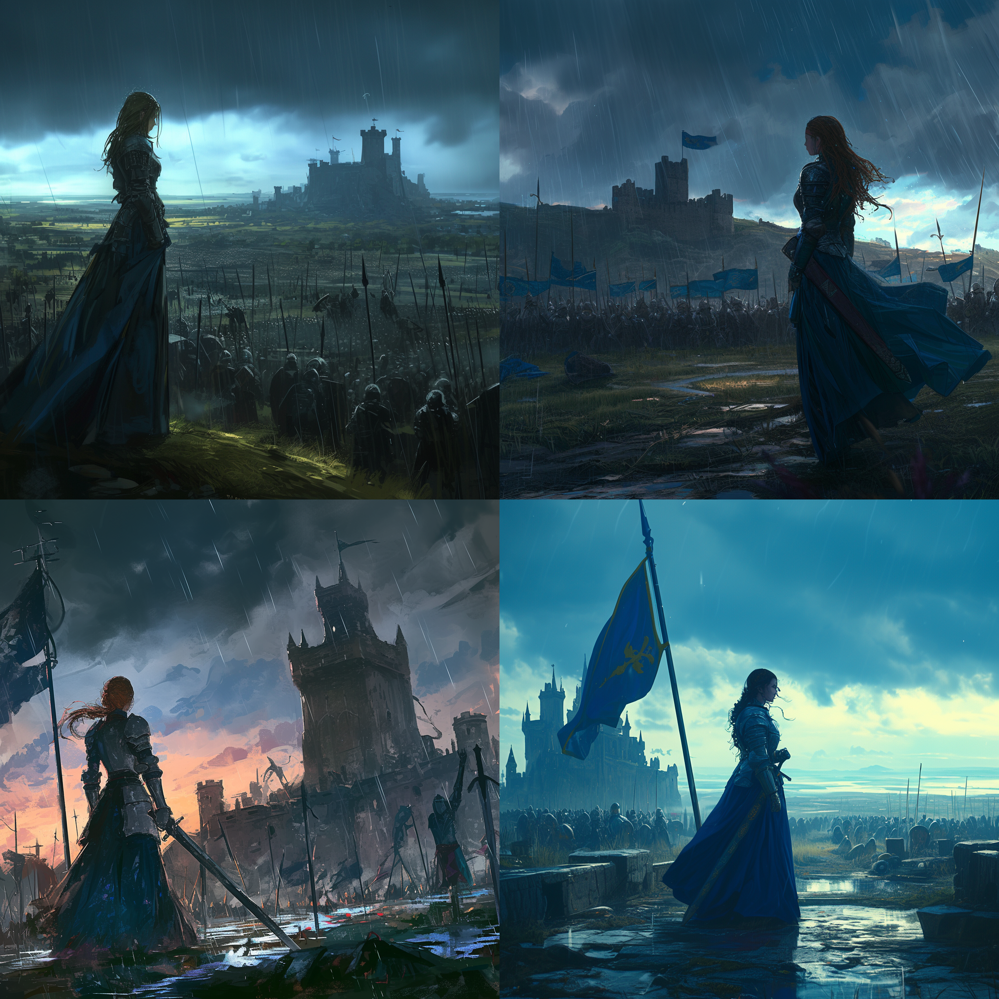 城堡上的公主凝视着战场上的骑士，雨水洒落在她的长裙上。广角镜头捕捉到了广阔的战场景象，给人一种壮丽的感觉。照片采用中世纪风格，色调偏向悲伤、坚定和希望。画面细节清晰，以8k高清为特色，营造出视觉冲击感。