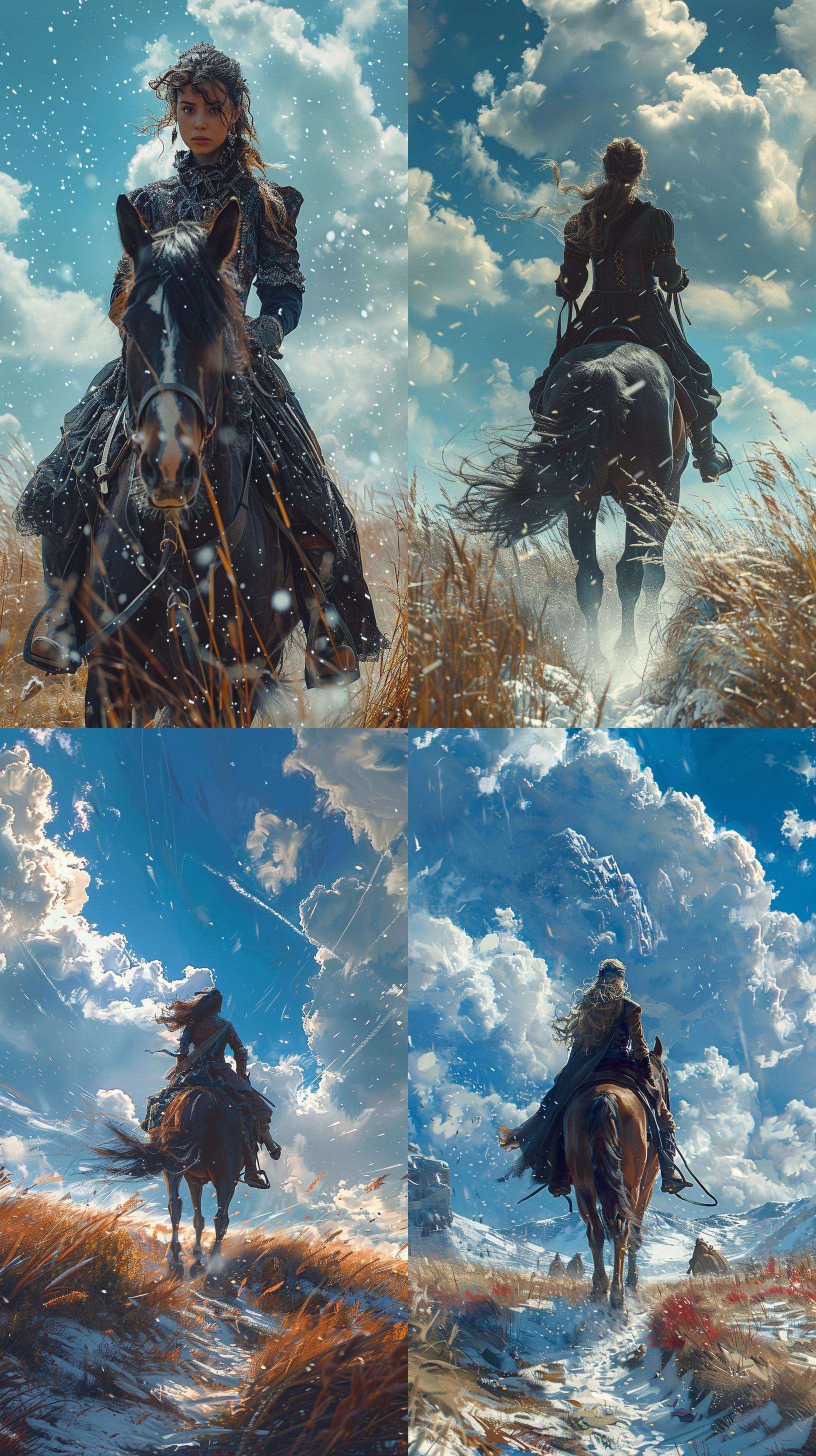 公主骑马，中世纪风格，黑长裙，超长视角，蓝天白云，万里雪飘，万马奔腾，壮丽史诗，冷暖色调，反差强烈，点彩光学混合，32k uhd，视觉和谐，标准画面。