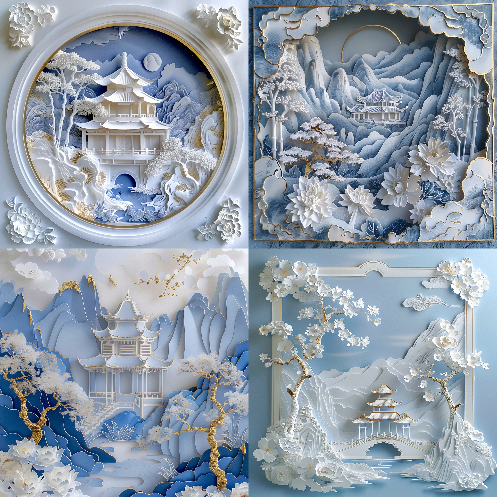 剪纸风格，中国式山水，有雕花，亭台楼阁，淡雅青白色，有金色镶边，层次分明，立体精美