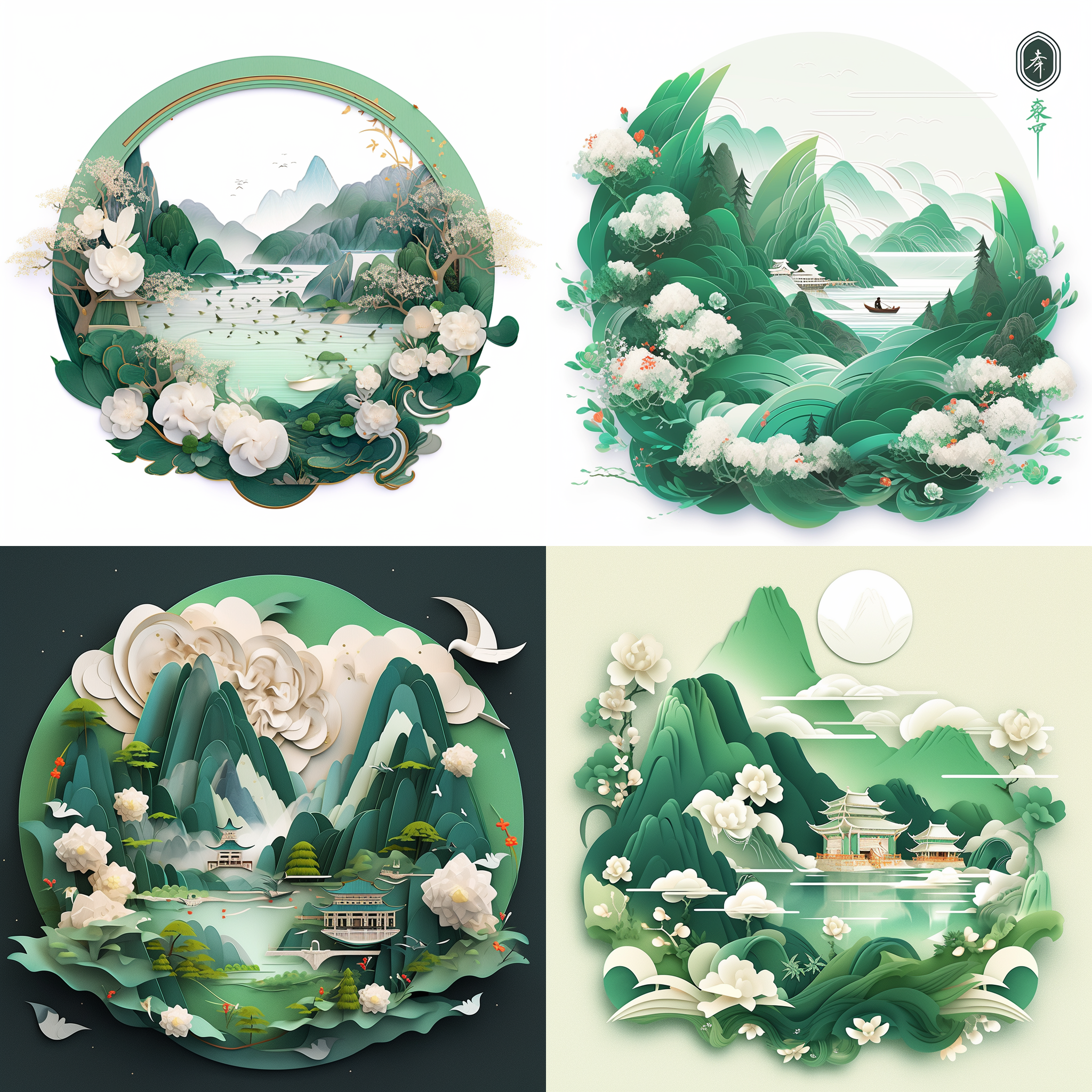 纸风格，中国式青绿山水，远山近水，有雕花，淡雅青绿白色，金色点缀，层次分明，立体精美，远景山水，近景精美的花丛