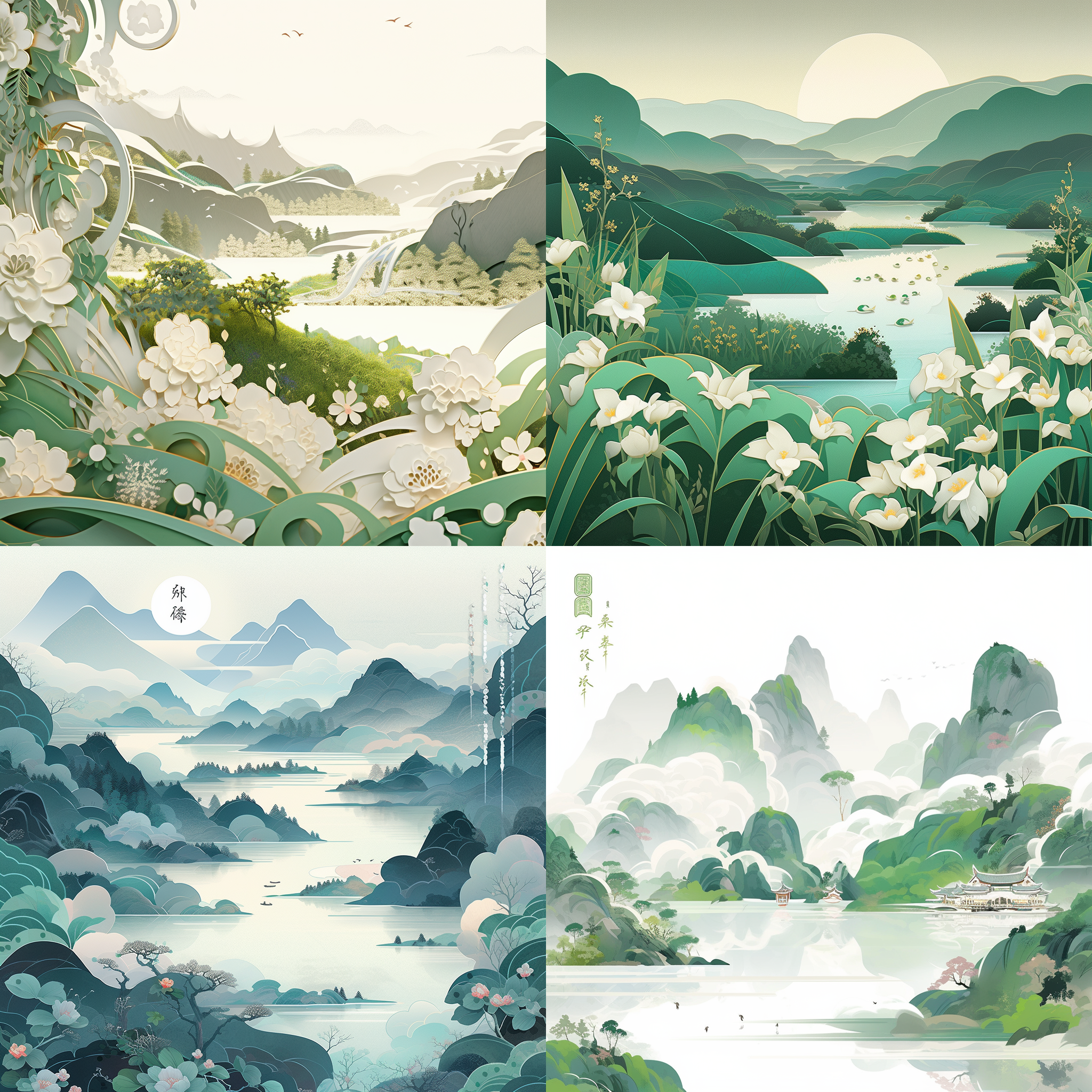 剪纸风格，中国式青绿山水，远山近水，有雕花，淡雅青绿白色，金色点缀，层次分明，立体精美，远景山水，近景精美的花