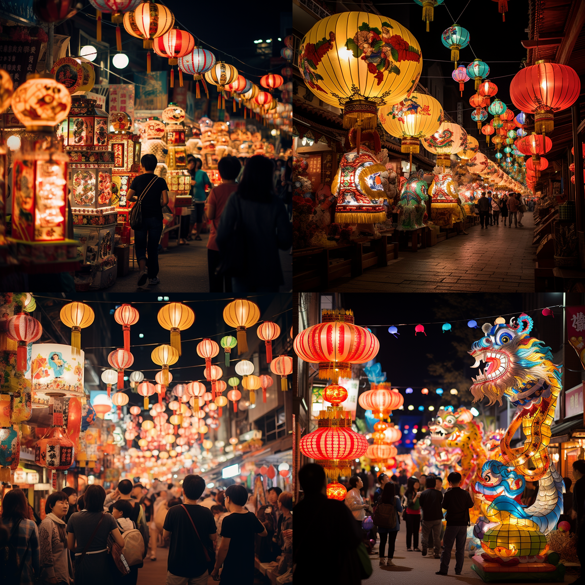 元宵节花灯，夜晚街头，繁华璀璨，欢乐喜庆，人群熙攘，色彩缤纷，长焦镜头，远景特写，灯光璀璨，舞龙舞狮，喜庆气氛。