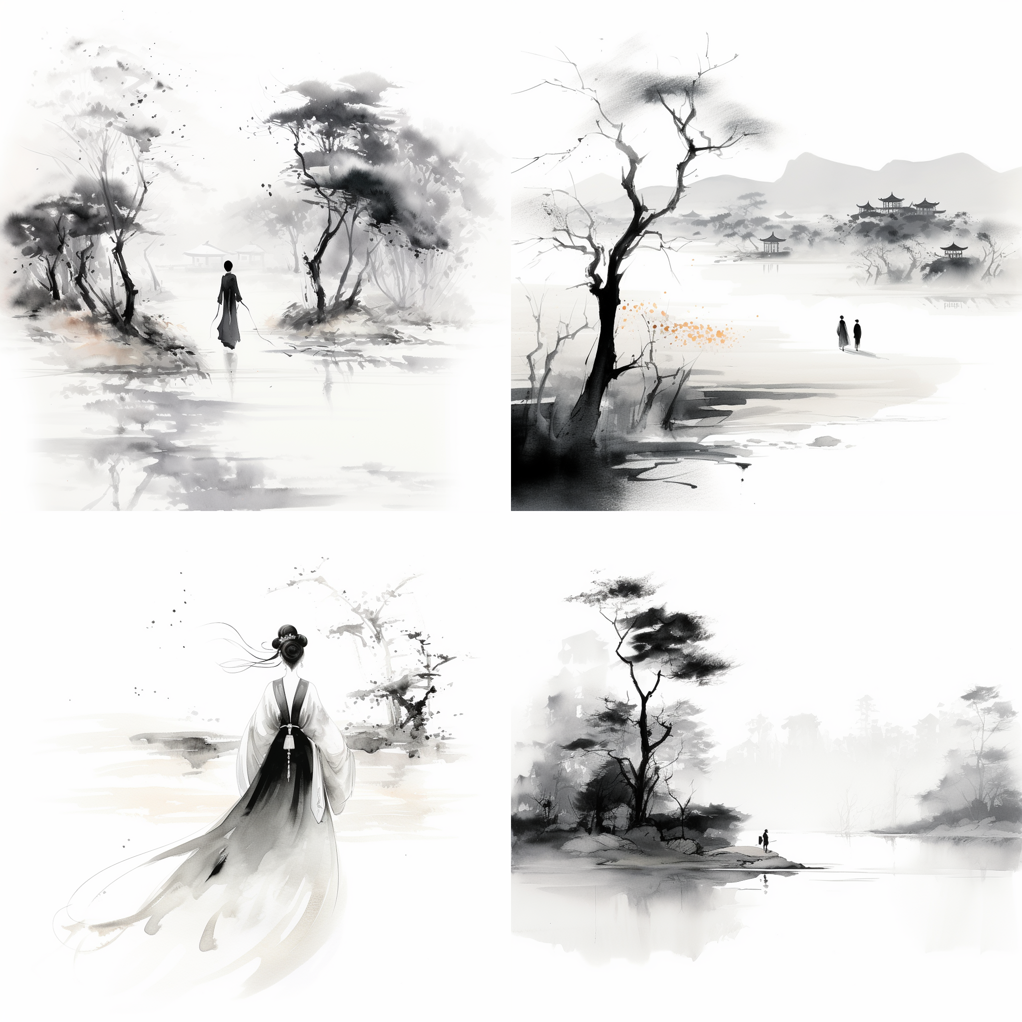 中国龙漫步，抽象扁平插图，张大千作品，中国水墨画无限重复，黑白，白色背景，ip，可爱风格，简约设计，传统元素，艺术感，线条流畅。