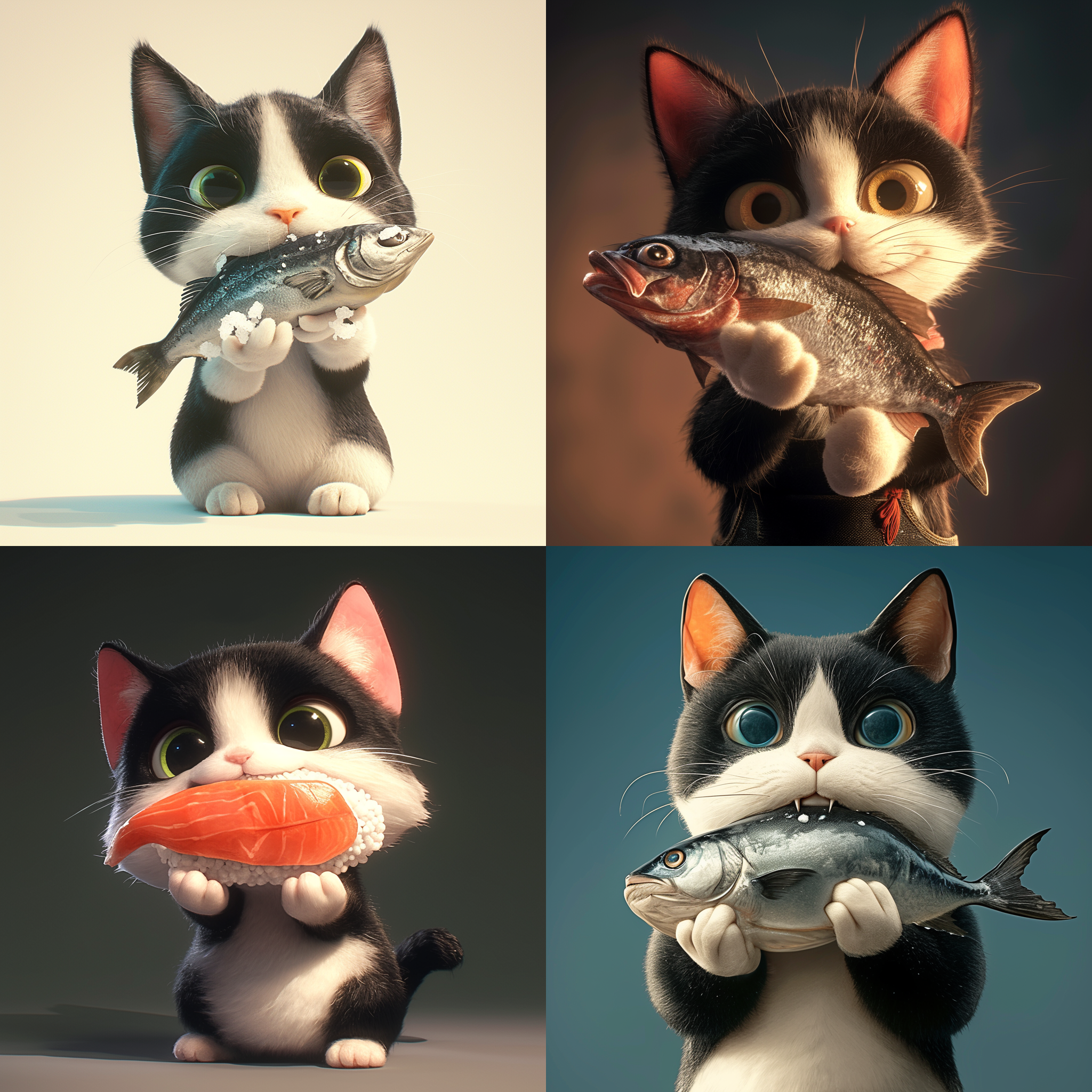 一只黑白相间的猫抱着咸鱼，奇幻风，超细节，逼真，辛烷值渲染，虚幻引擎，超细节，电影照明，高清，32k，超分辨率，prophoto rb，自然照明，白炽灯，电影照明，演播室照明，柔和的照明，体积，控制，光线追踪，全局照明，光学，散射，发光阴影，粗糙，微光