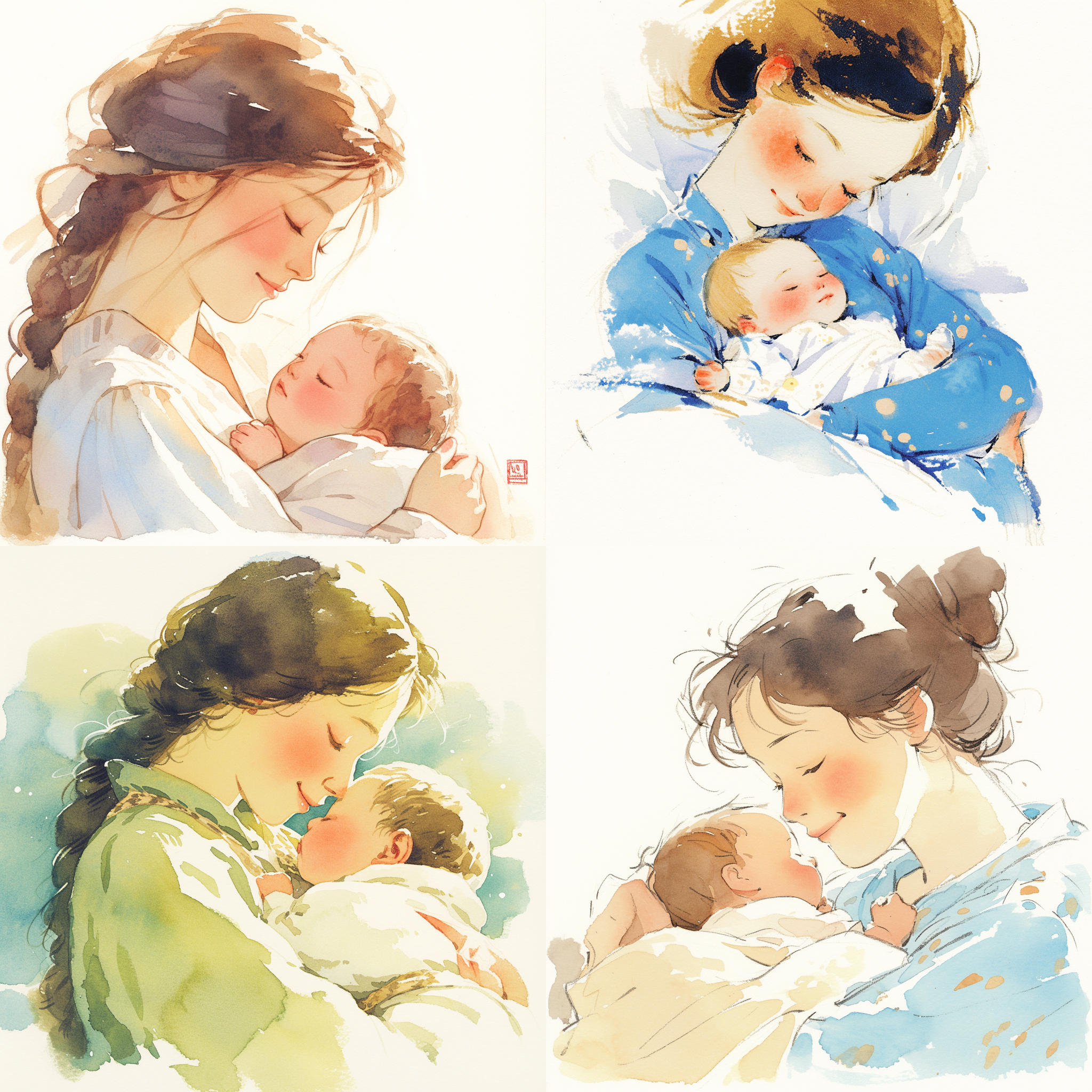 水彩，一个中国妈妈抱着初生婴儿在怀里，妈妈微笑的看着怀里的初生婴儿，初生婴儿在熟睡，白色背景，线条简约流畅，贝娅特丽克丝·波特风格