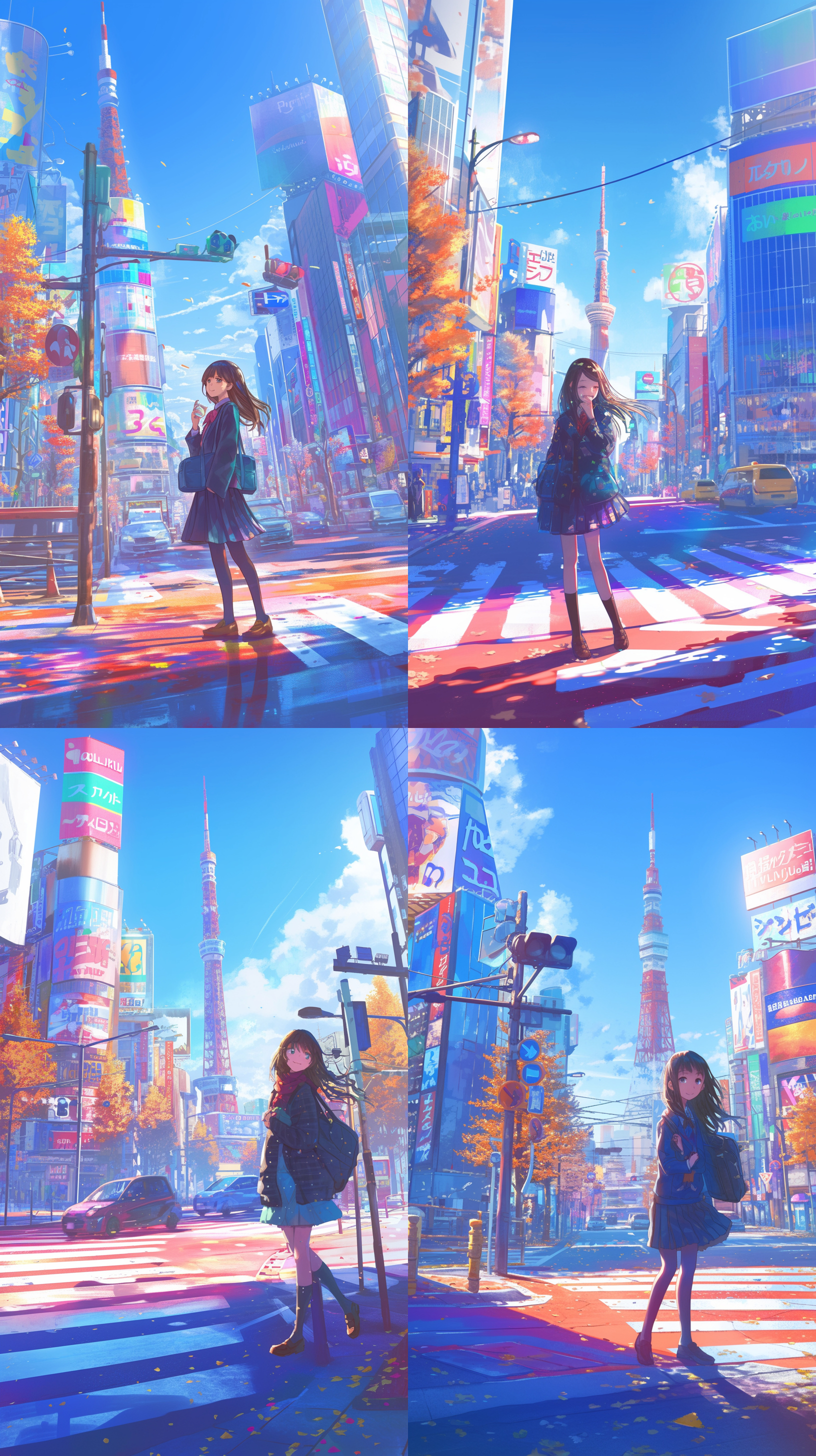 动漫小人，可爱，活泼，热闹，街景，车水马龙，逆光，色彩丰富，抓拍，微笑 