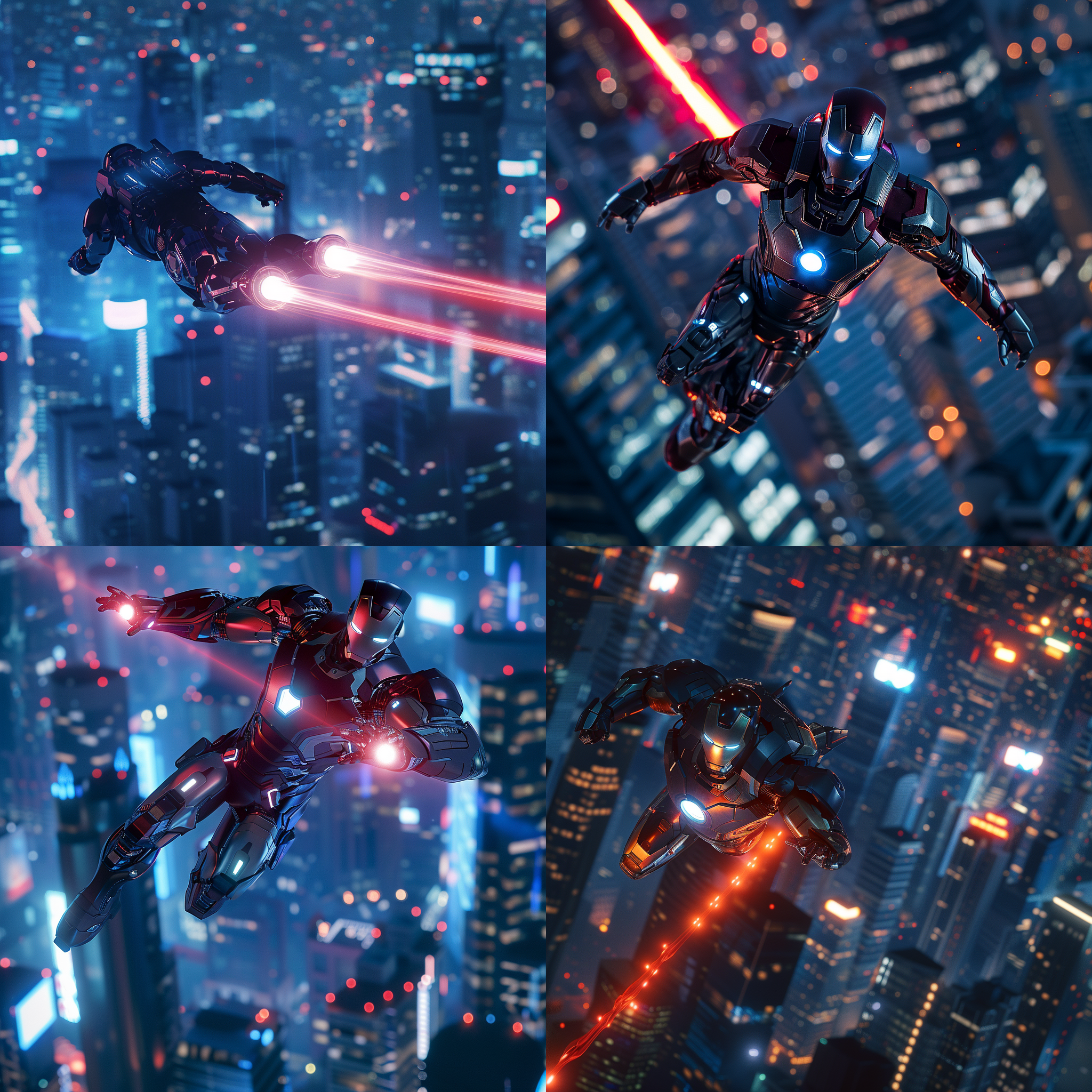 钢铁侠飞行，城市天际线，现代科技感，夜晚，蓝色调，长焦镜头，逆光，飞翔动作，金属装甲，红色能量光束，壮观。