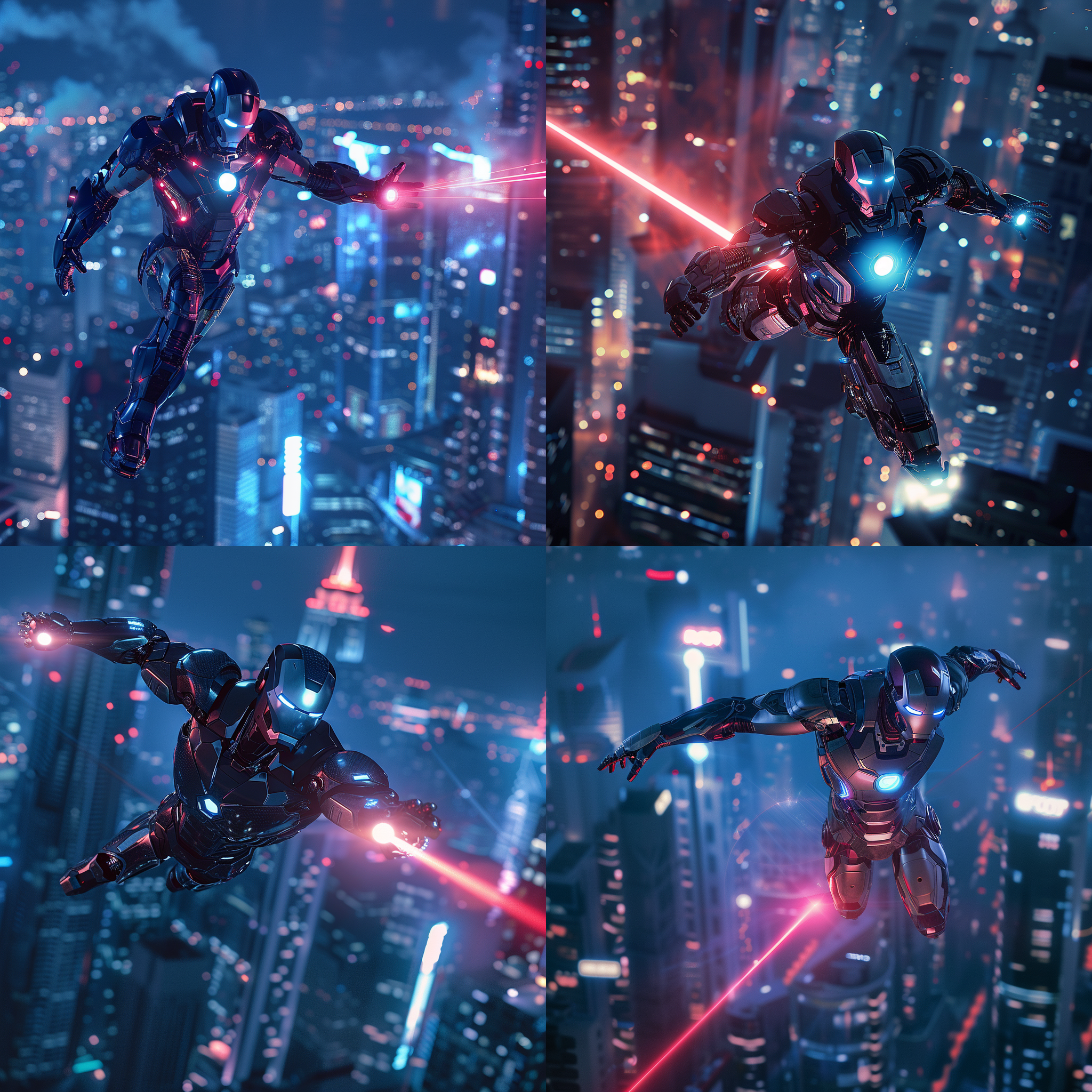 钢铁侠飞行，城市天际线，现代科技感，夜晚，蓝色调，长焦镜头，逆光，飞翔动作，金属装甲，红色能量光束，壮观。