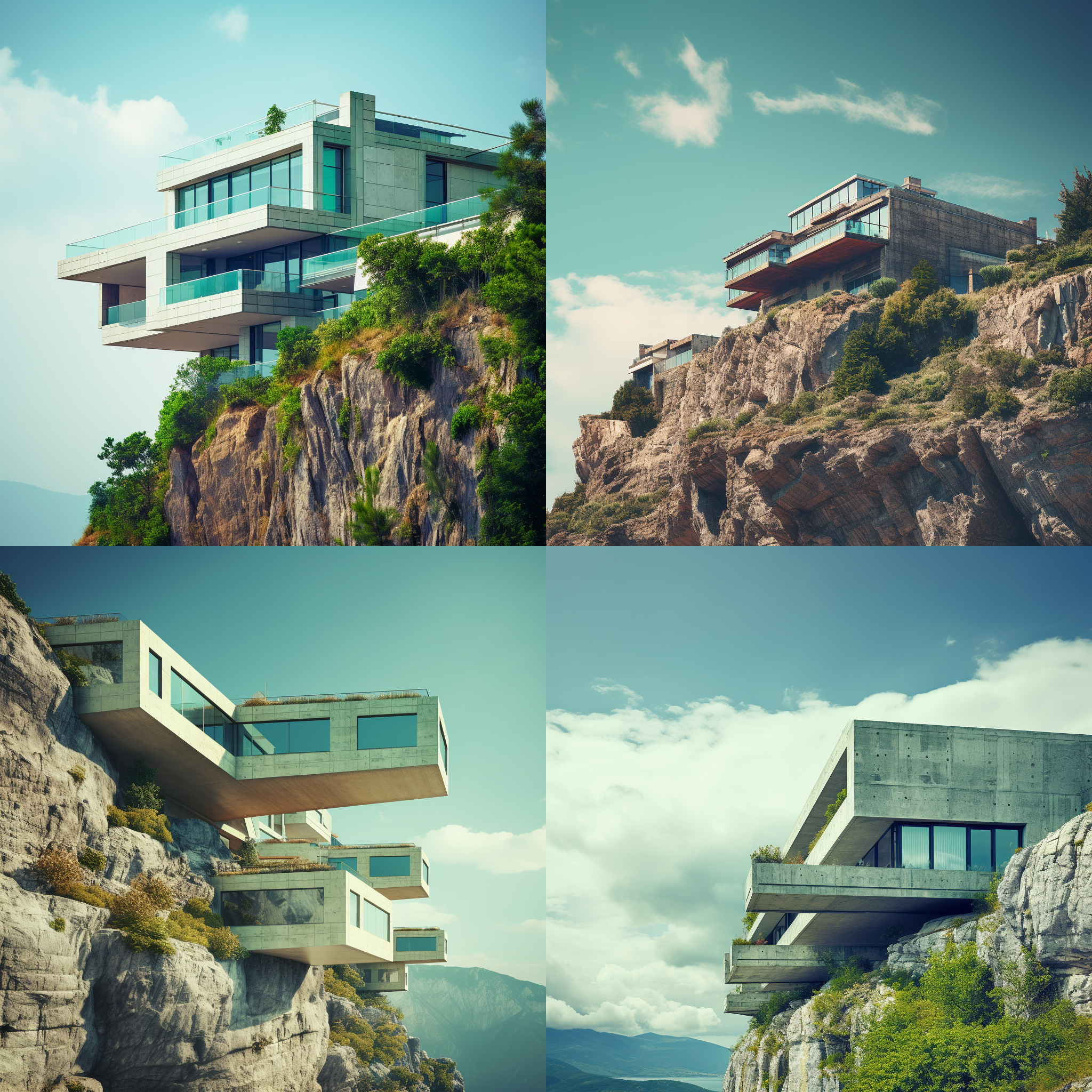 悬崖边叠拼住宅，现代风格，毛石立面，远处高山，清新色调，广角镜头，自然光，建筑细节，对角线构图，蓝绿色调，宁静。