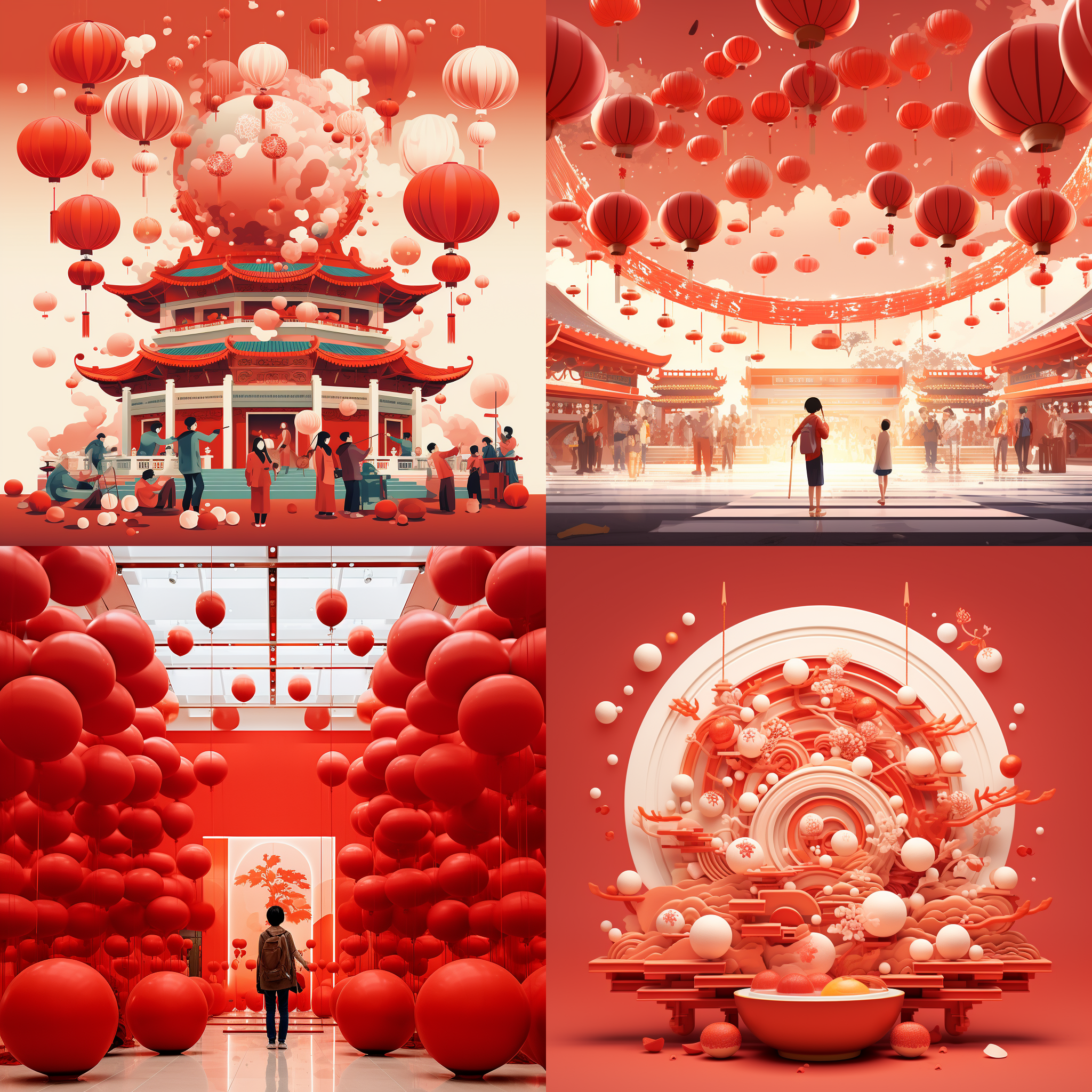 一张商场元宵节的海报 主色为红色画面需要有灯笼元素且体现元宵节 突出元宵节团结有爱的氛围，突出元宵节购物以及在商场能买到琳琅满目的商品 一家人可以在购物中心吃美味的饭饭菜庆祝 元宵节