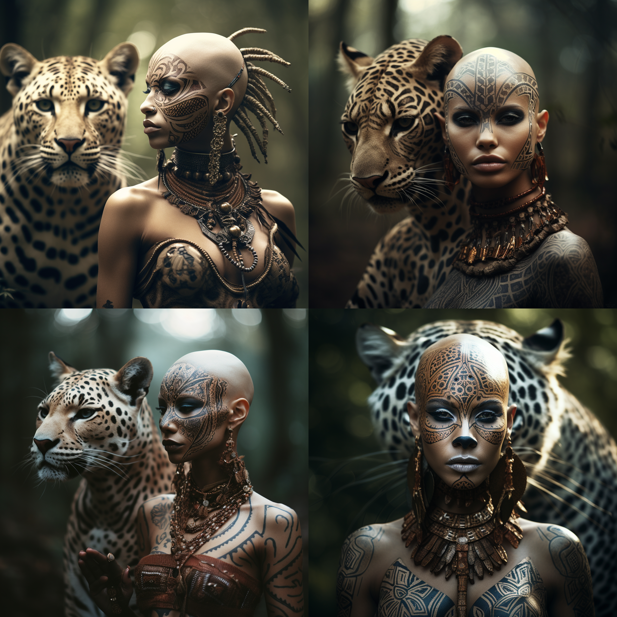 光头女人 面部有部落图腾 和一只猎豹在森林跳舞