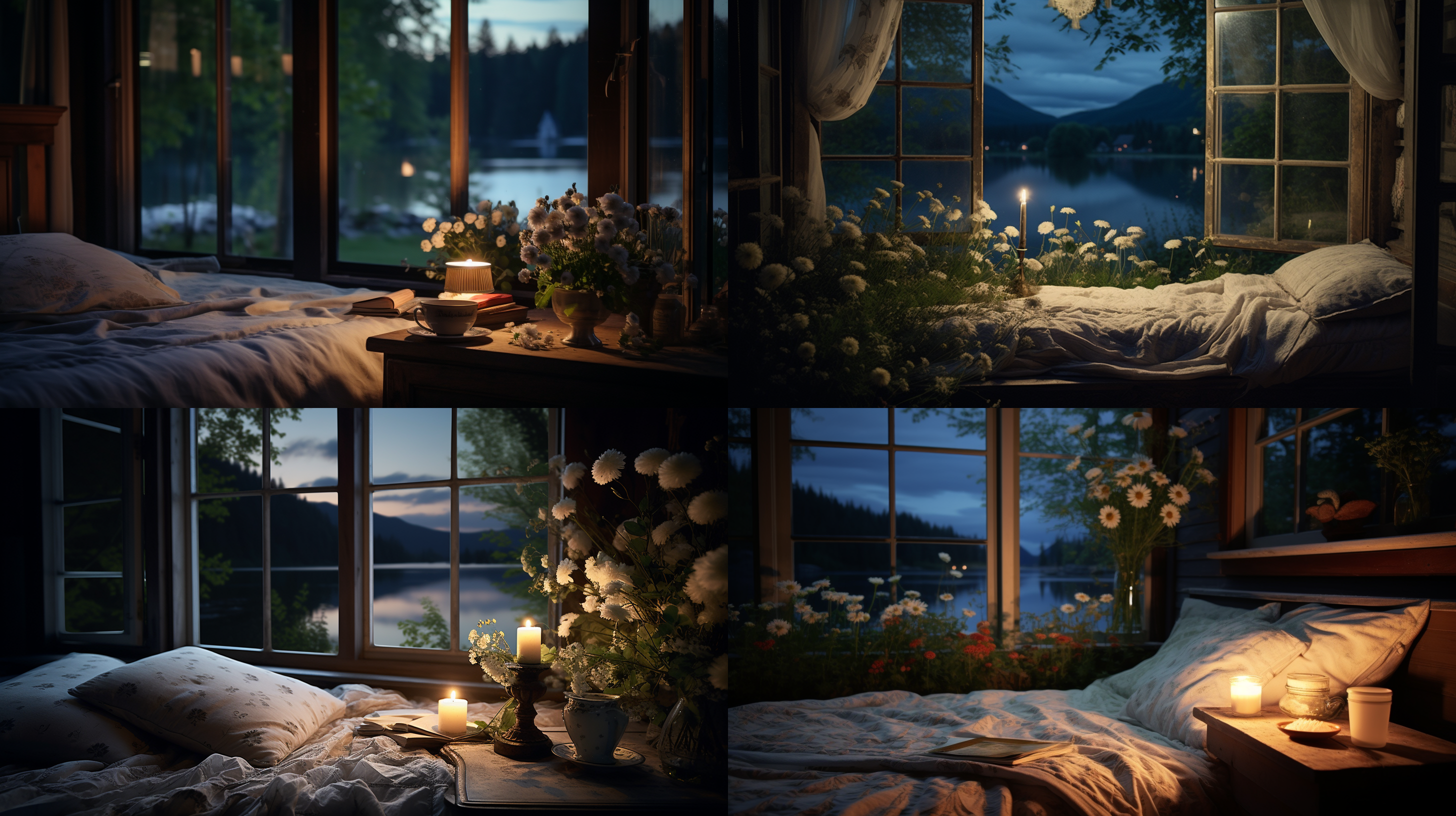 农舍床边，月光洒落，湖泊倒影，白色被单，鲜花，书本，柔软灯光，大落地窗，静谧，窗外波光粼粼，夜景，室内拍摄，50mm定焦镜头，暖色调，柔和光线，静态，安详。