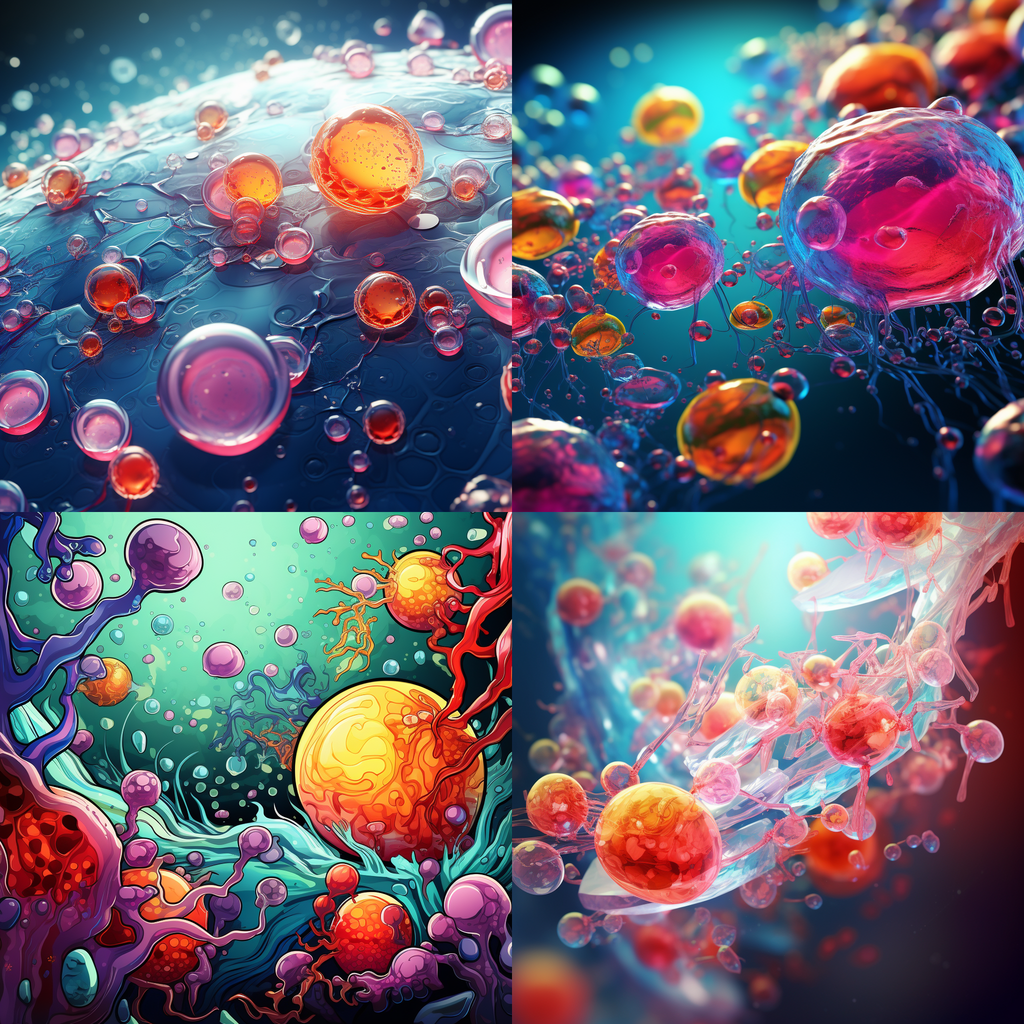 脂肪干细胞外泌体分泌，实验室环境，明亮色彩，漫画风格，局部特写，高清晰度，显微镜视角，细胞级别，分泌过程，生物科技，色彩饱和。