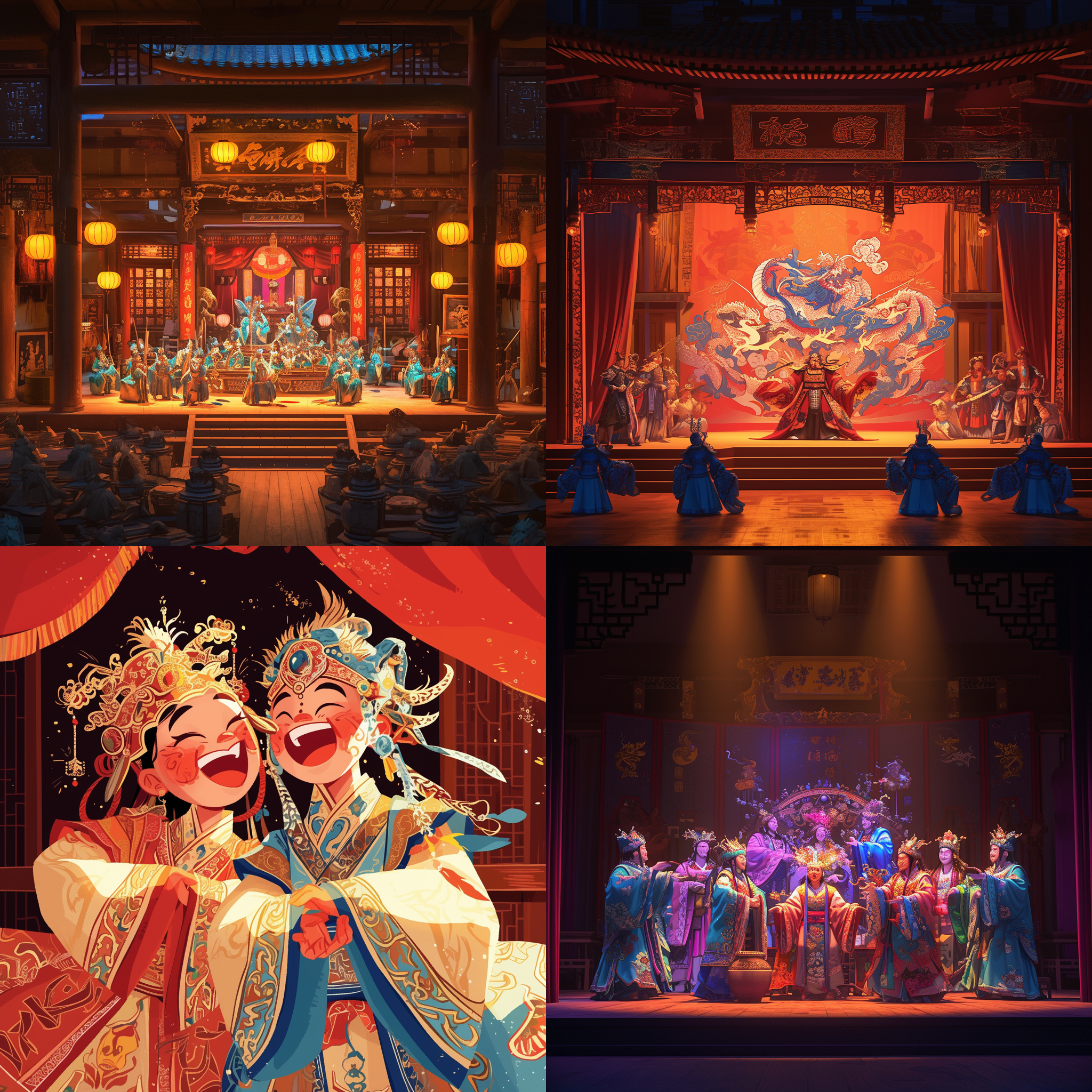 古香戏曲舞台，传统戏剧表演，笑声阵阵。舞台布景精致，演员身着传统戏服，面带欢愉表情。环境充满了古老的氛围，舞台上的灯光照亮了演员们的精彩动作。古色古香，传统韵味，笑声，精彩表演，欢愉，舞台灯光，动作，欢乐音乐。