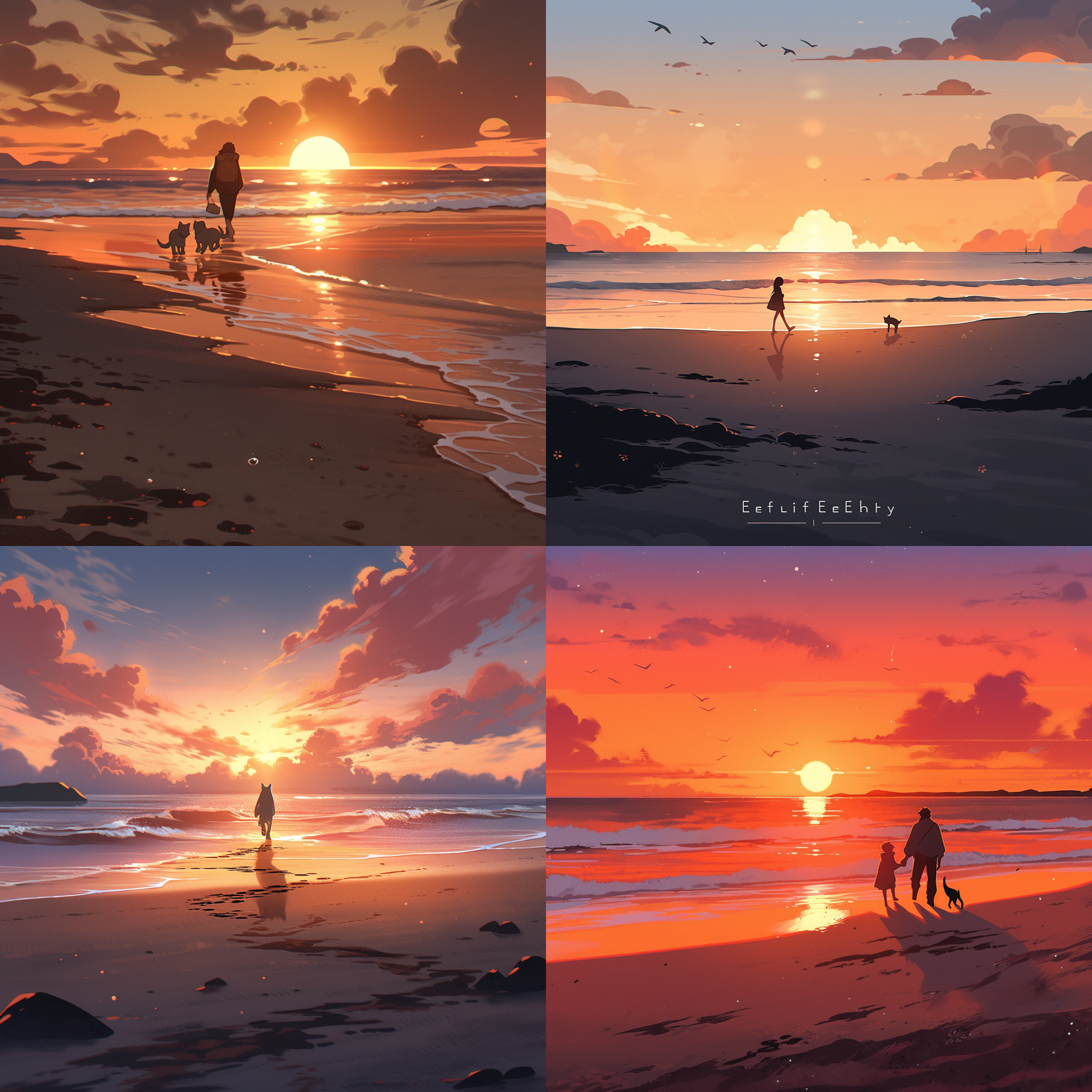 感谢观看，日落海滩，孤独人物，背影，长焦镜头，柔和侧光，温暖色调，脚印，沙滩，思考，宁静。