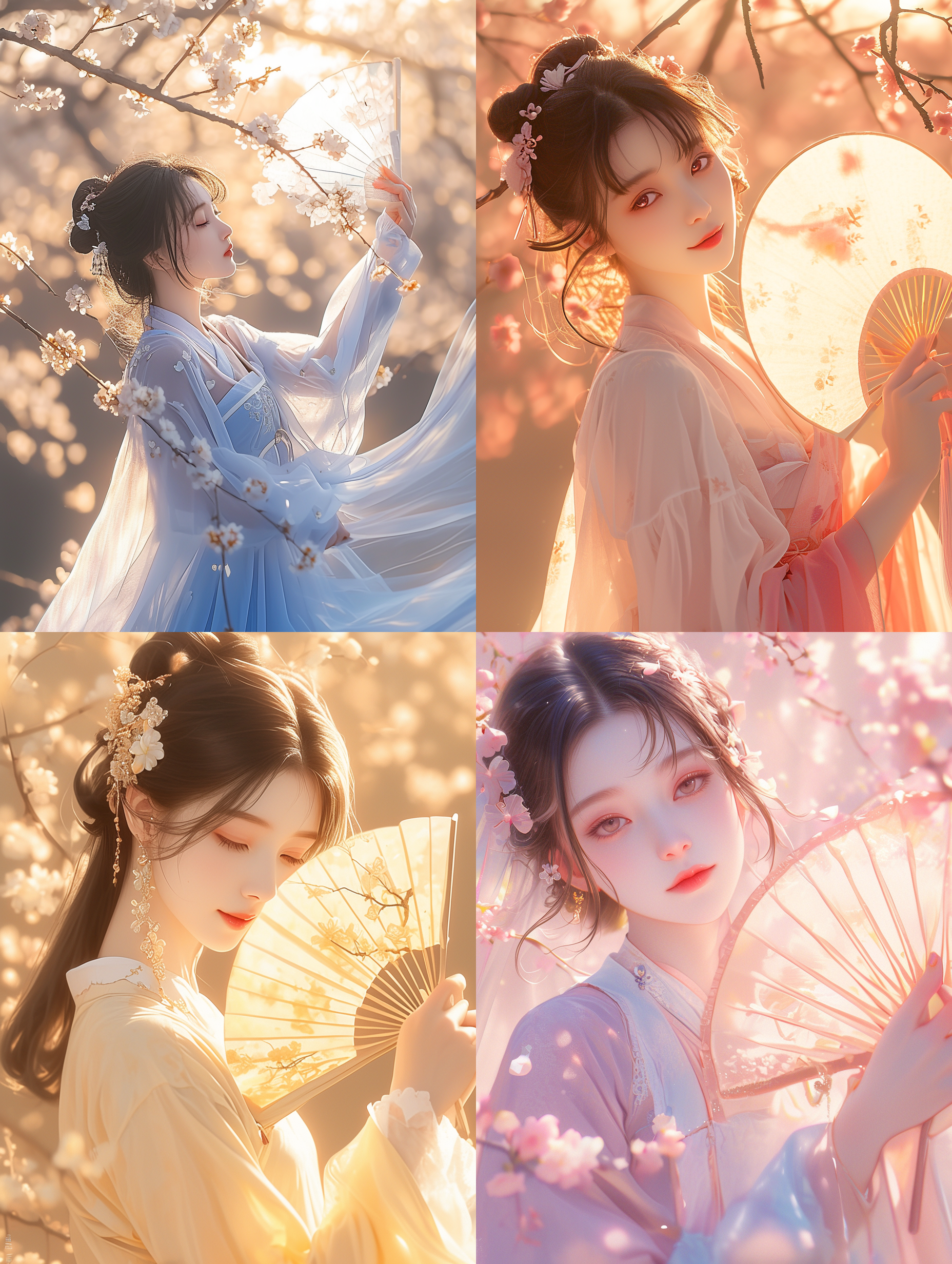 汉服女孩，寒梅含苞待放，初升的太阳柔和照射在她身上，春寒料峭中散发出温暖的气息。她穿着华丽的汉服，面带微笑，优美地舞动着手中的扇子，展现出宁静欣喜的情感。摄影风格以自然光为主，中焦镜头捕捉到了她优雅的动作和梅花的细腻纹理。