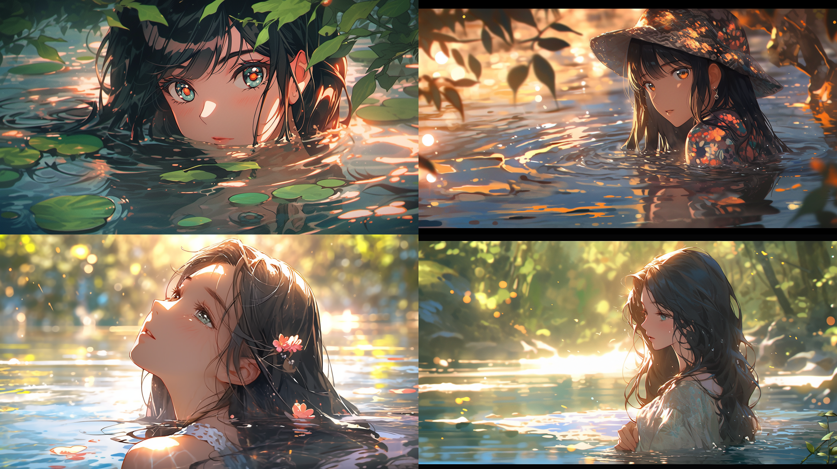 水波纹，一个美女将目光投向在水面上，阳光照射下来，树木倒影在水面上