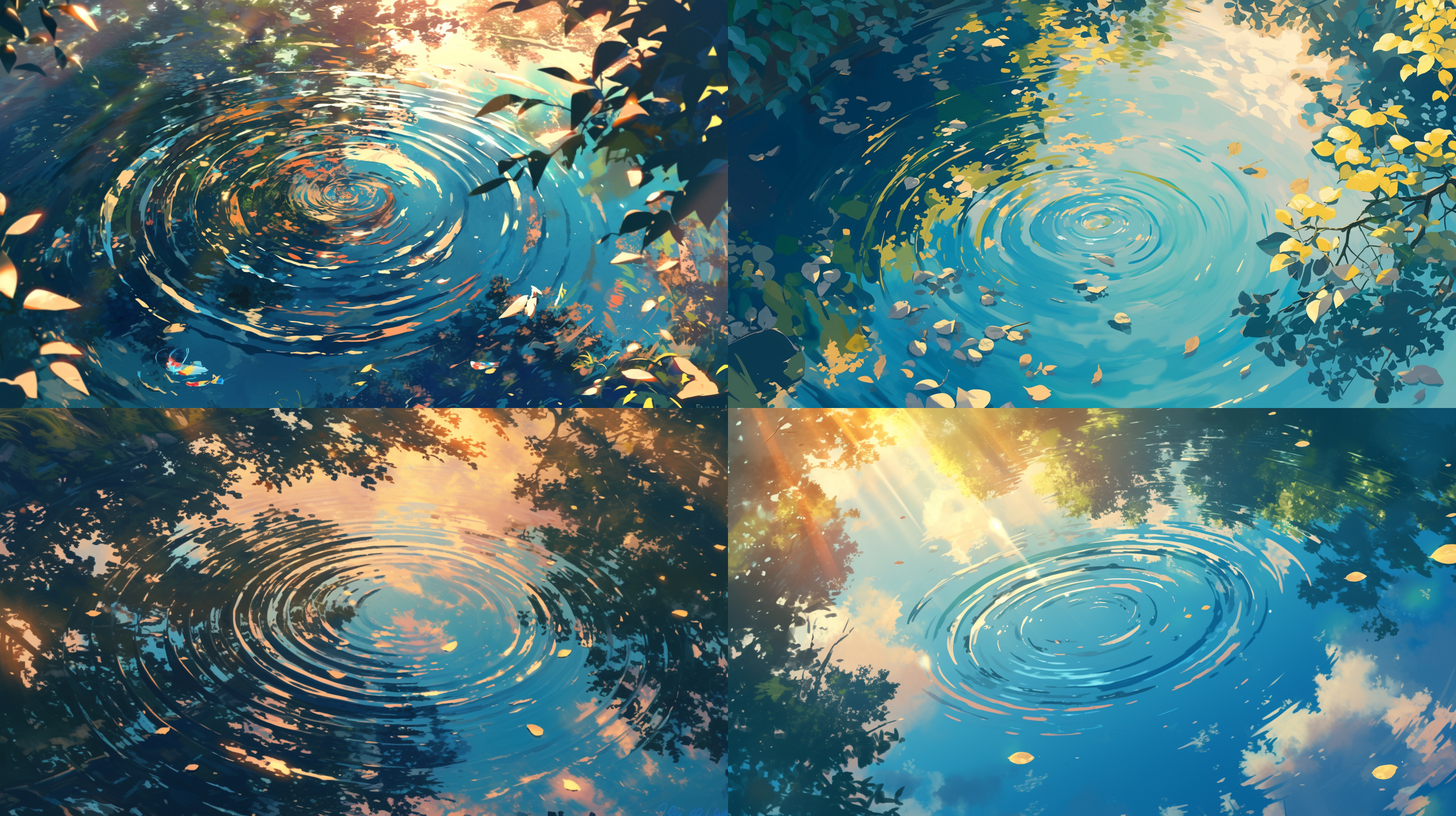 水波纹，将美丽的目光投向在水面上，阳光照射下来，树木倒影在水面上