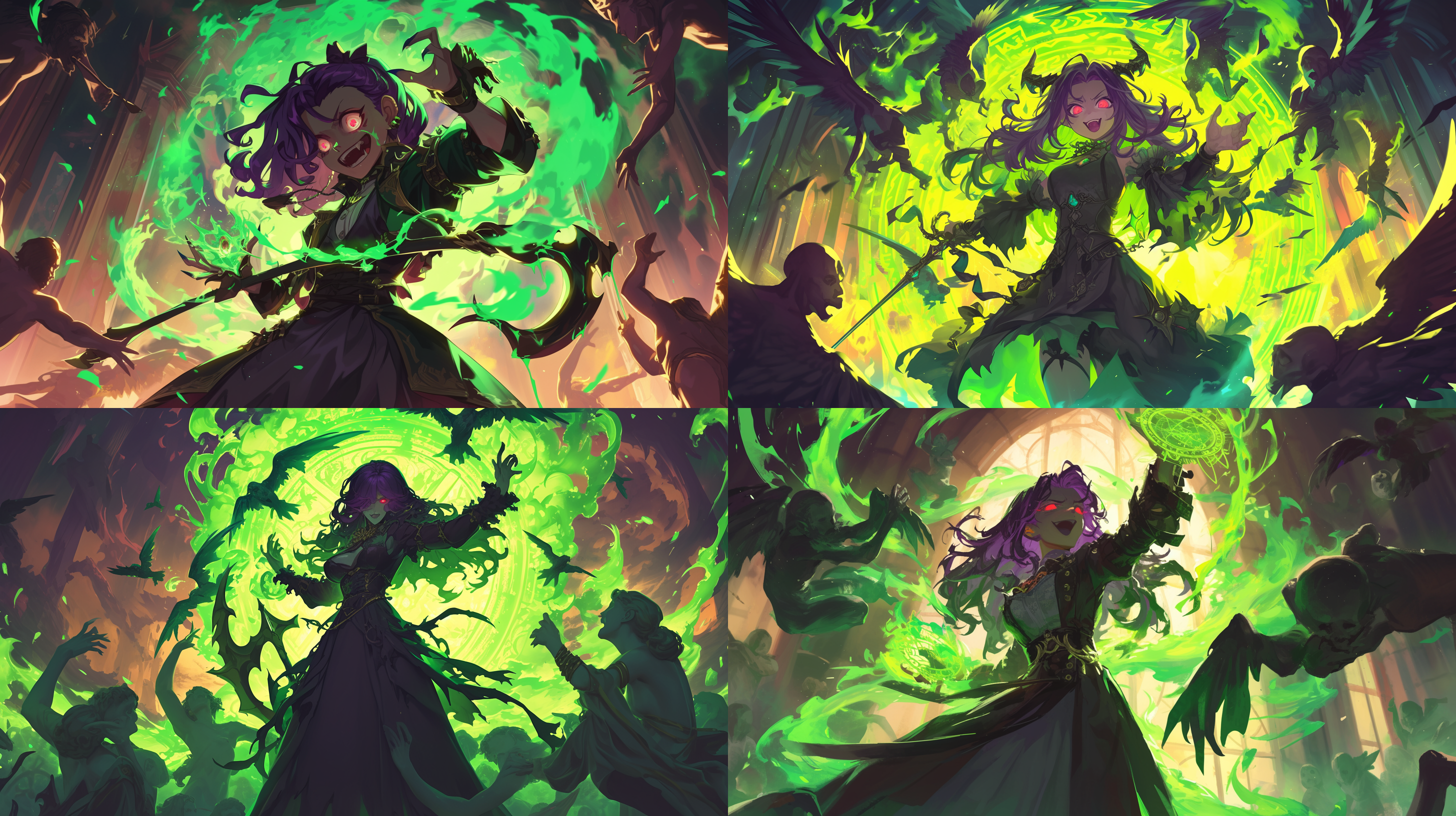 紫发红色瞳孔的魔女，脸上露出兴奋的表情，挥舞着绿色火焰的镰刀，脚下浮现骇人的绿色魔法阵，身上散发绿色的火焰，能量溢出。遗迹背景。周围多位天使散发金光，天使陨落，黄昏